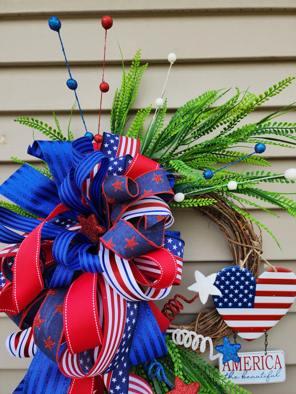 Patriotic Grapevine Wreath, Americana Door Decor with FREE Matching Mailbox Bow