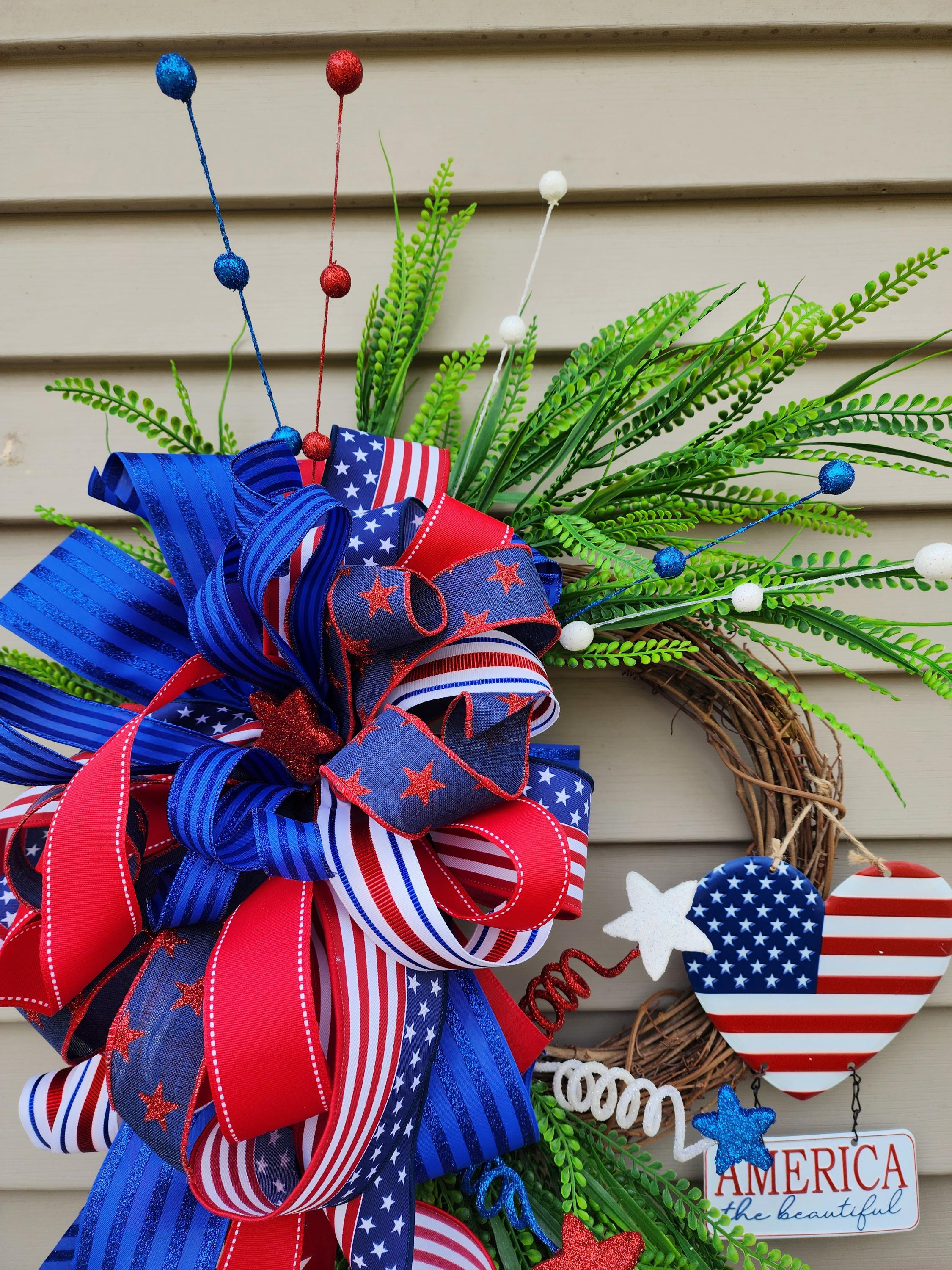 Patriotic Grapevine Wreath, Americana Door Decor with FREE Matching Mailbox Bow