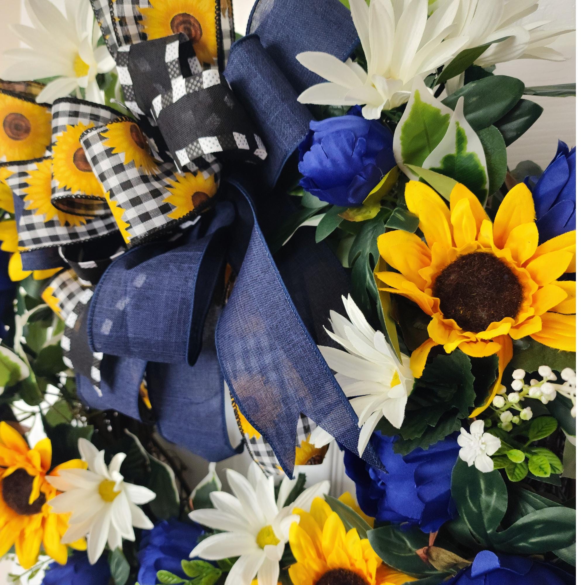 Sunflower Peony Wreath: Blue, Yellow, White Floral Door Decor (23")