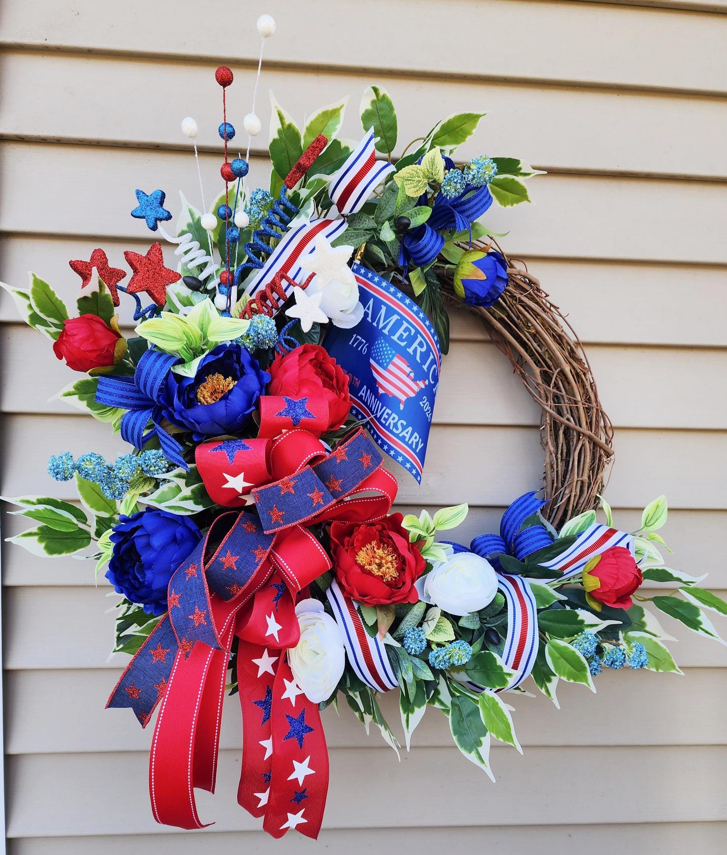 Patriotic Floral Wreath 250th Anniversary with Free Matching Mailbox Bow