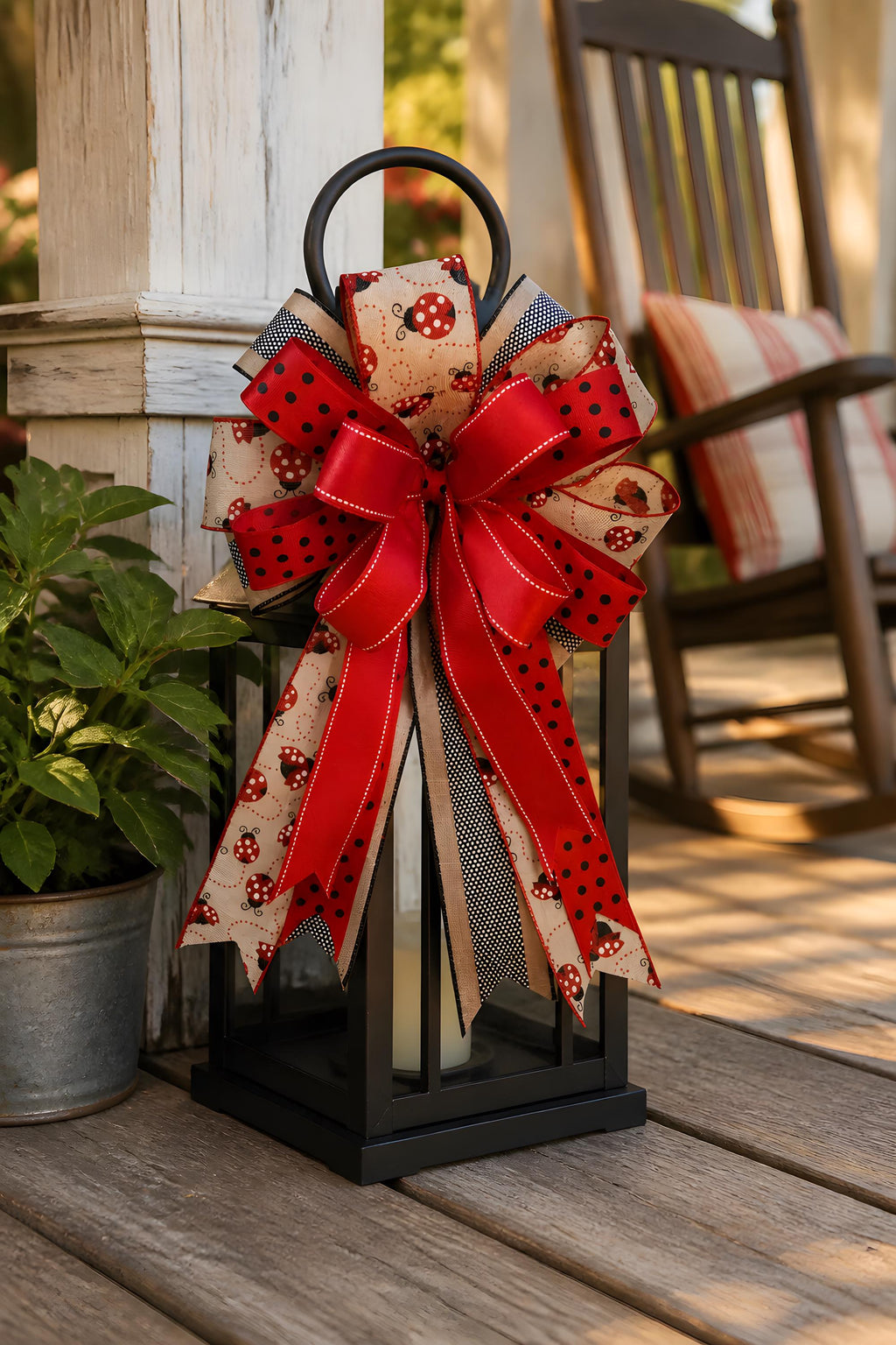 Ladybug Ribbon Bow, Farmhouse Door Decor Accent, Spring Summer Lantern Swag