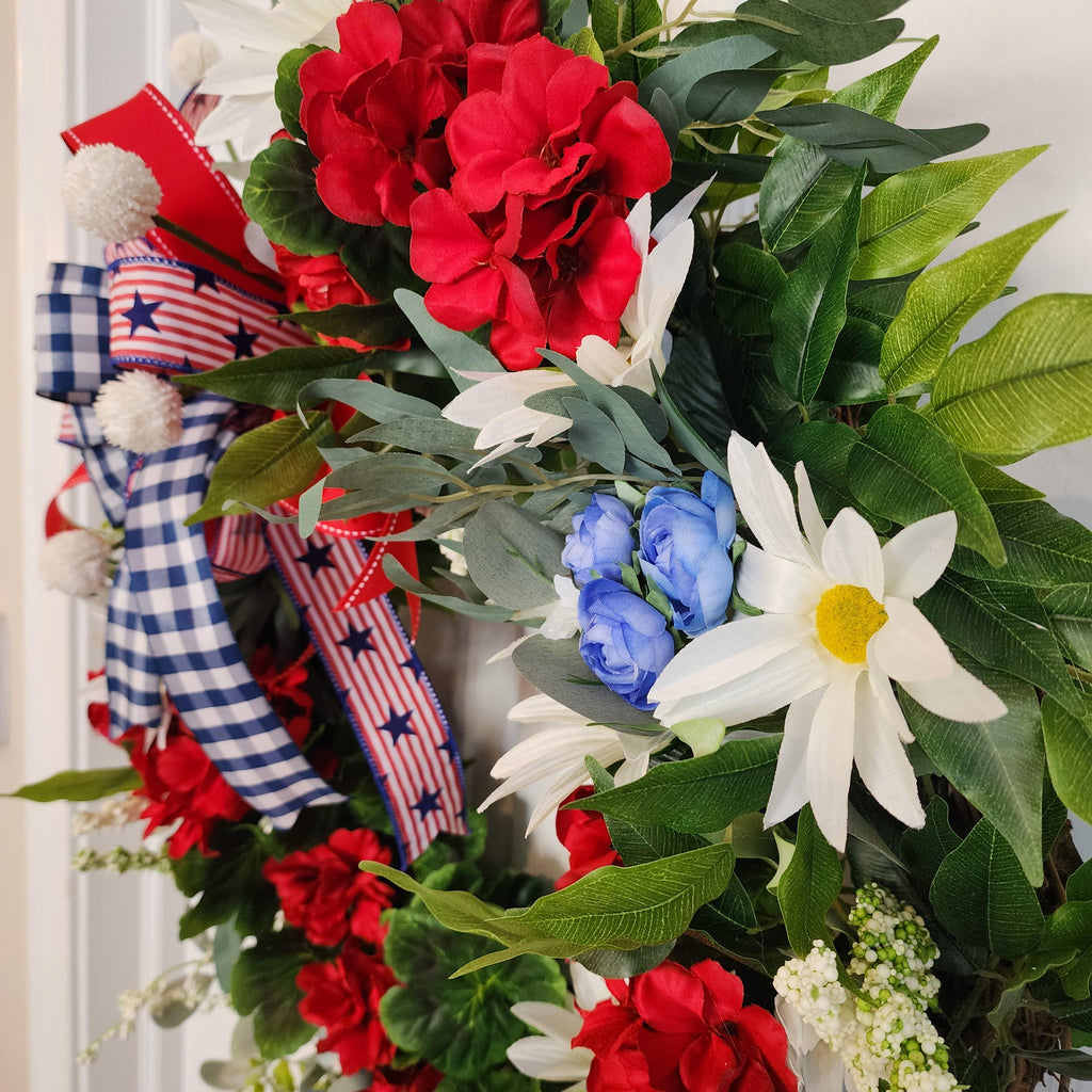 Patriotic Grapevine Wreath – Red White Blue Florals, Memorial Day July 4th Decor