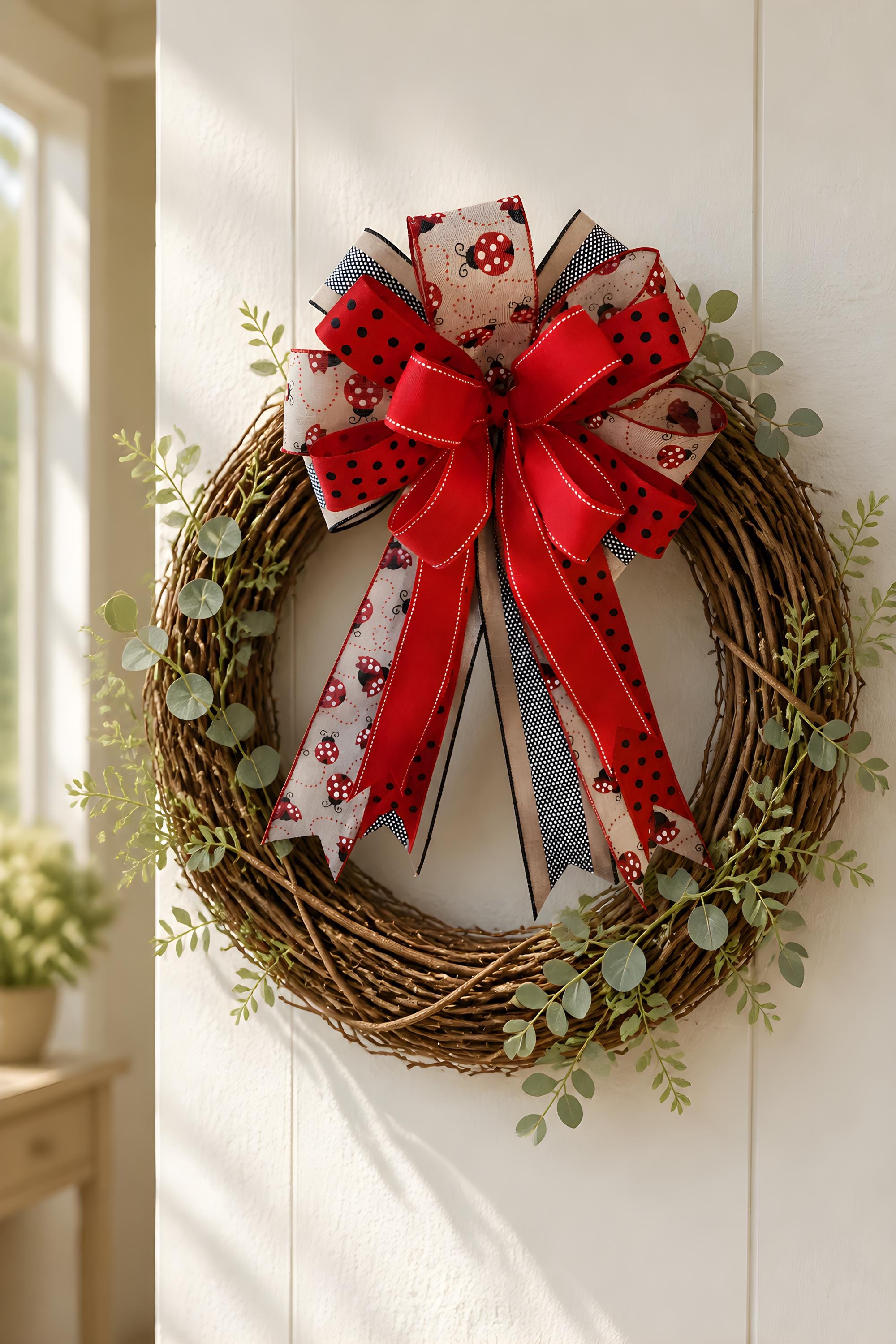 Ladybug Ribbon Bow, Farmhouse Door Decor Accent, Spring Summer Lantern Swag
