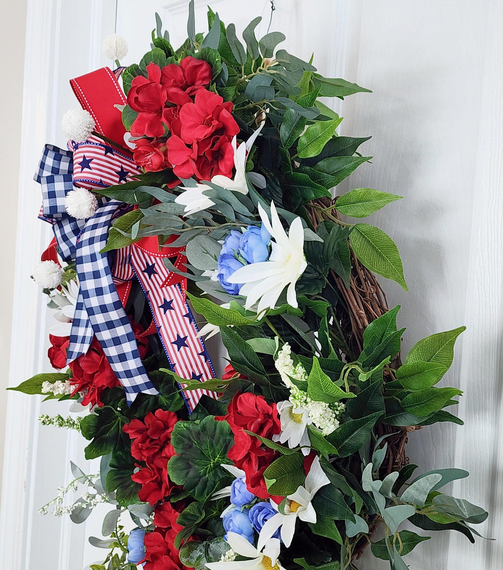 Patriotic Grapevine Wreath – Red White Blue Florals, Memorial Day July 4th Decor