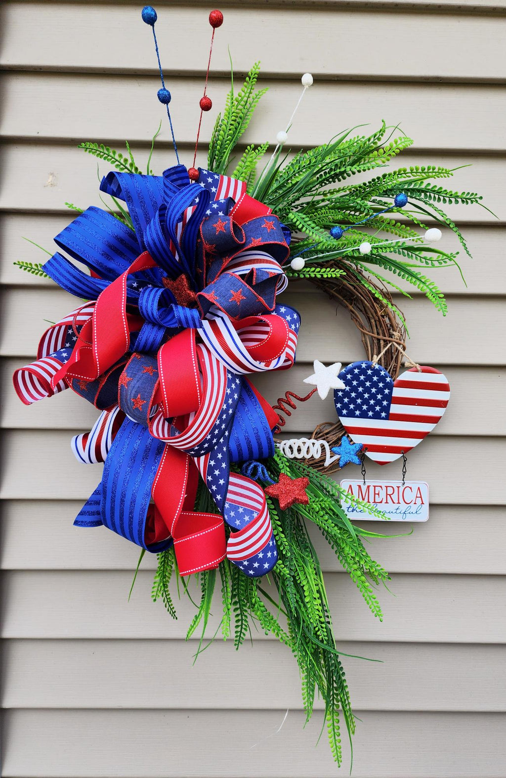 Patriotic Grapevine Wreath, Americana Door Decor with FREE Matching Mailbox Bow