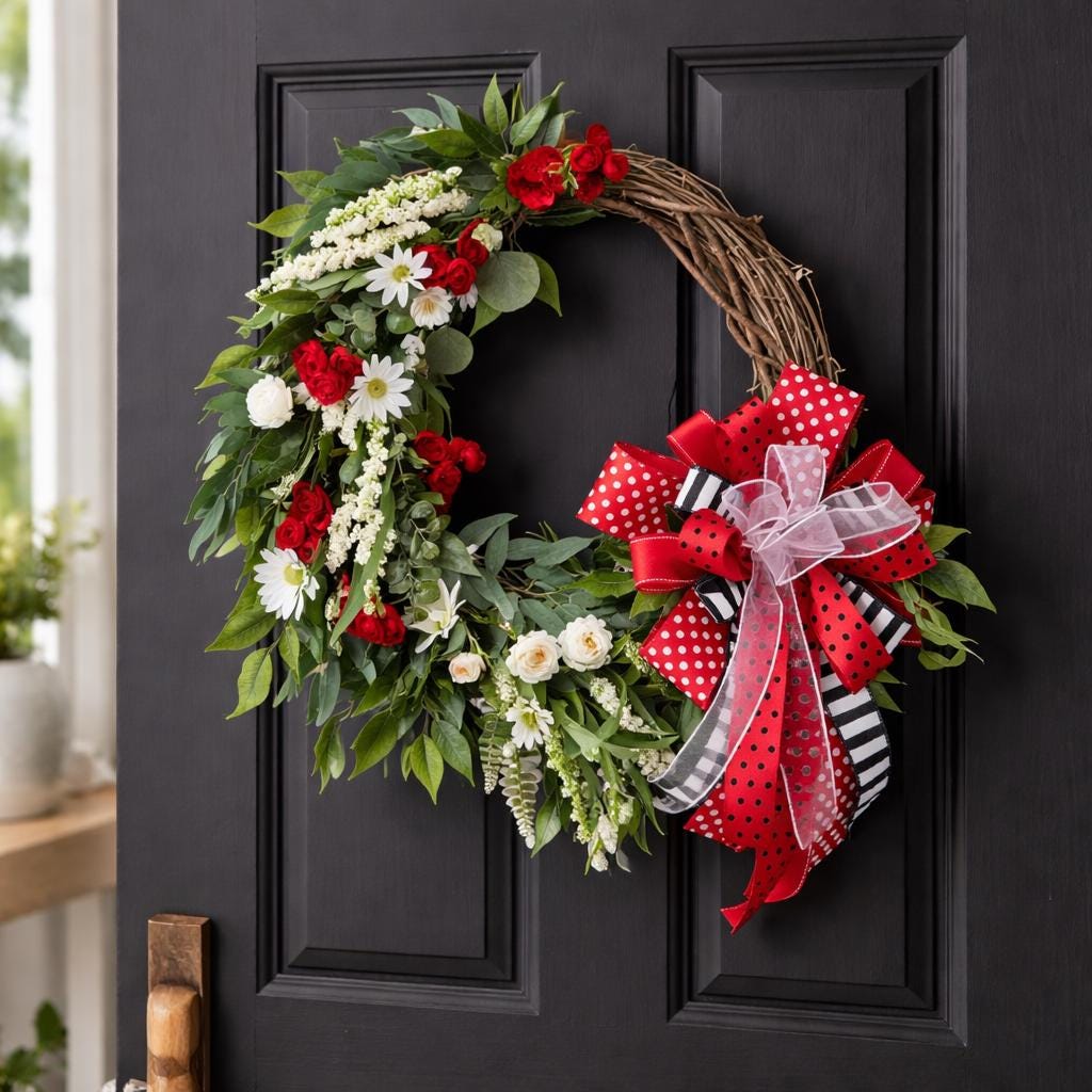 Red & White Summer Wreath, Front Door Decor, Farmhouse Floral Wreath with Bold Bow