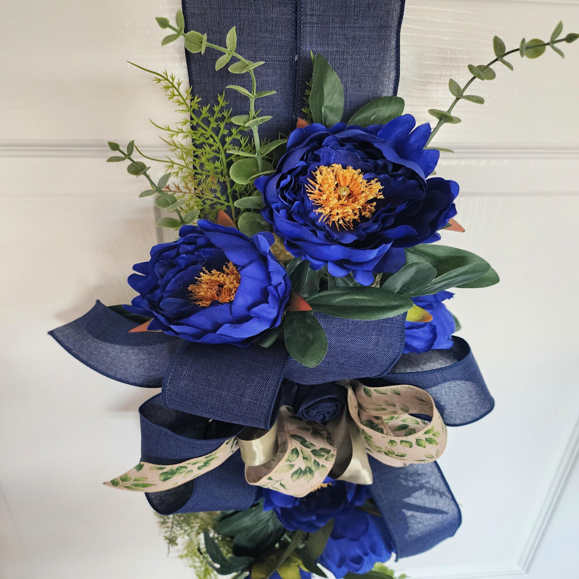 Navy Blue Floral Swag, Moody Entryway Door Decor, Midnight Bloom Edition