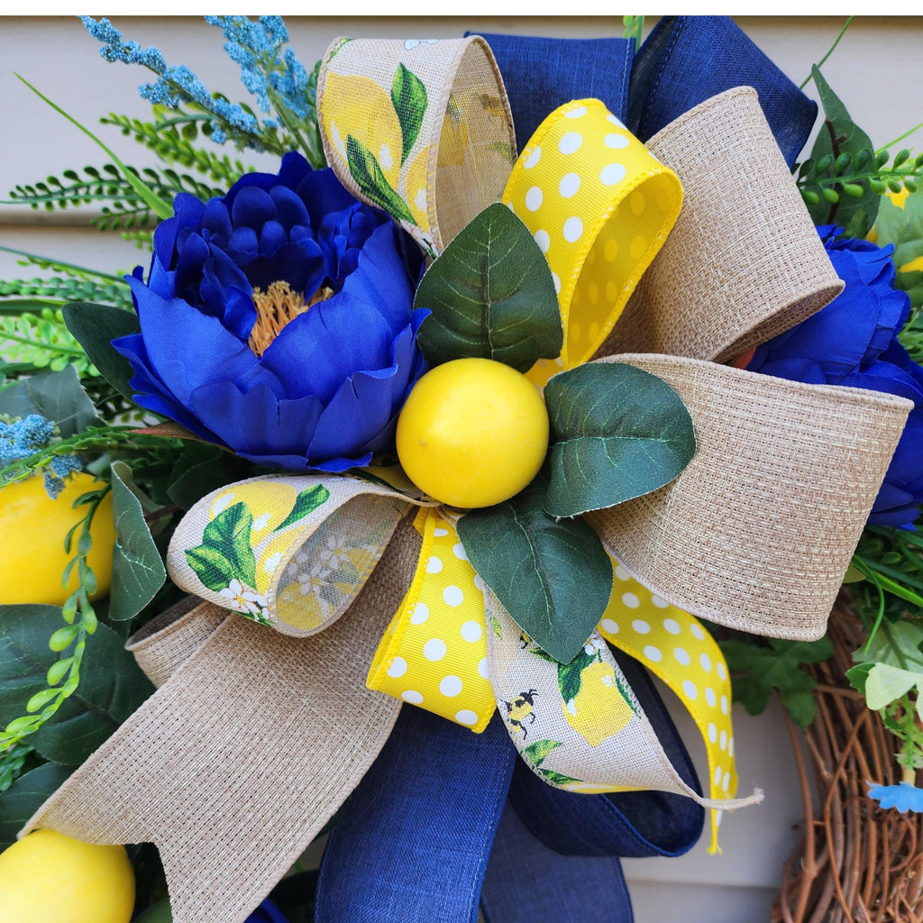 Lemons and Navy Floral Wreath, Summer Citrus Door Decor, Farmhouse Entry Swag