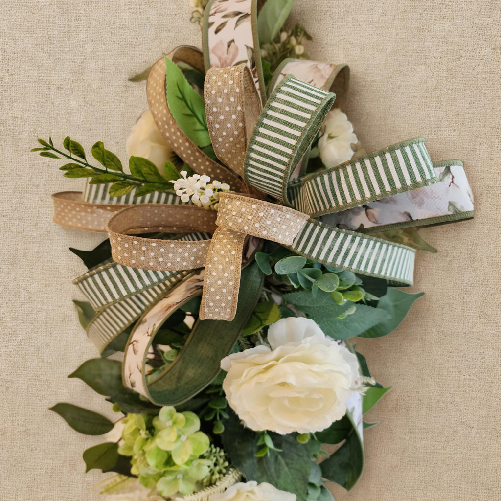 Neutral Greenery Lantern Swag | Cream Floral Accent, Sage Ribbon, Farmhouse Decor