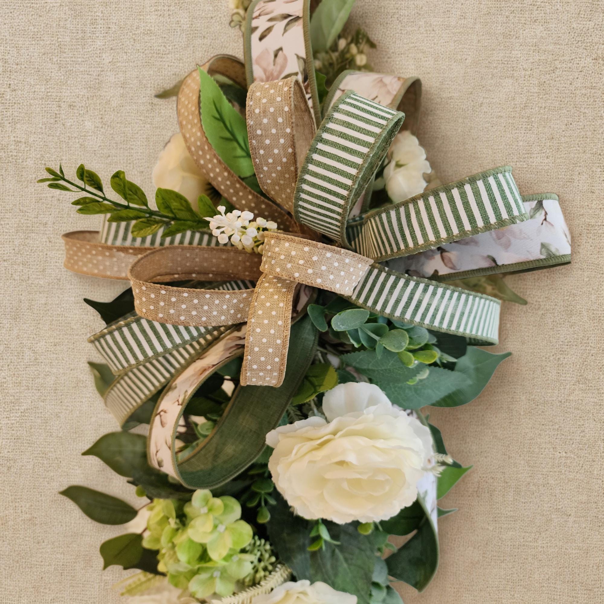 Neutral Greenery Lantern Swag | Cream Floral Accent, Sage Ribbon, Farmhouse Decor