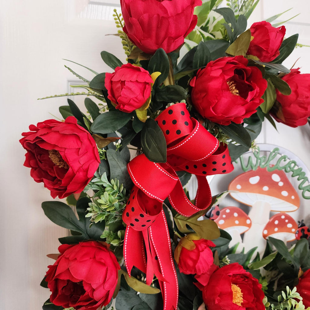 Red Peonies and Ladybugs Wreath