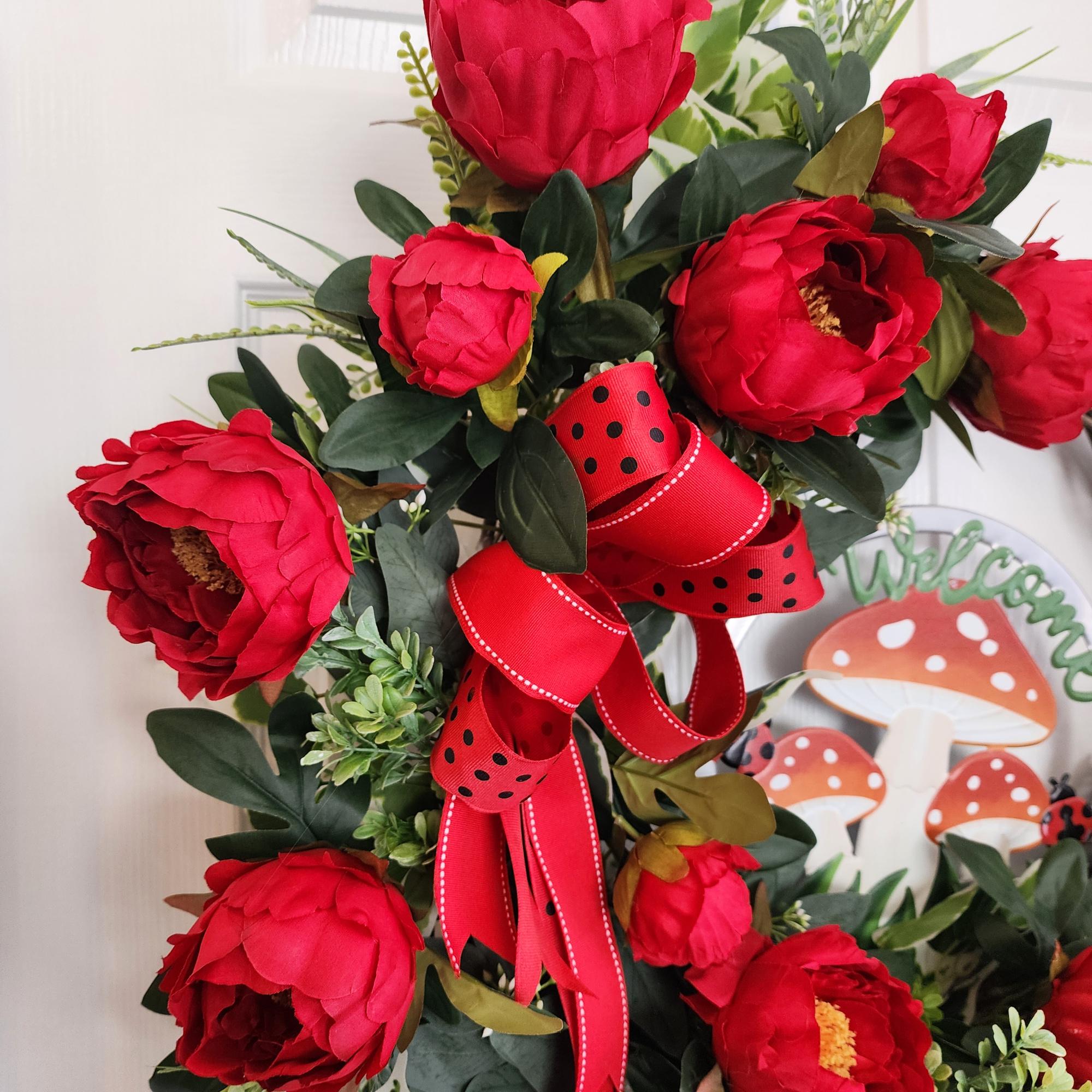 Red Peonies and Ladybugs Wreath