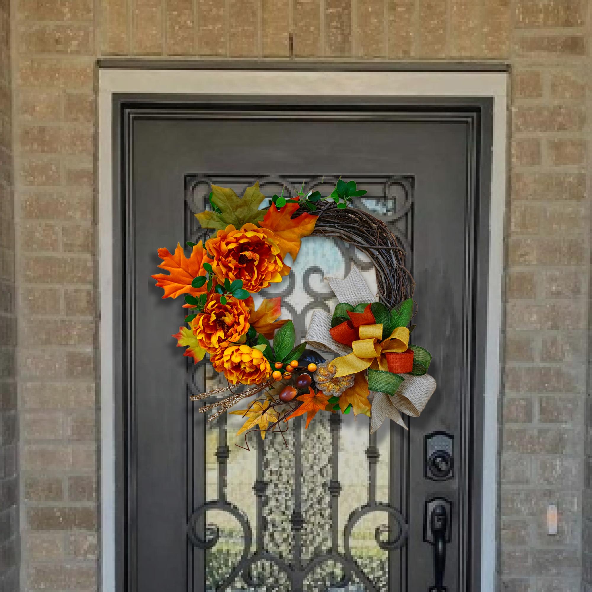 Fall Grapevine Wreath Orange Peonies Maple Leaves Bow Thanksgiving Door Decor