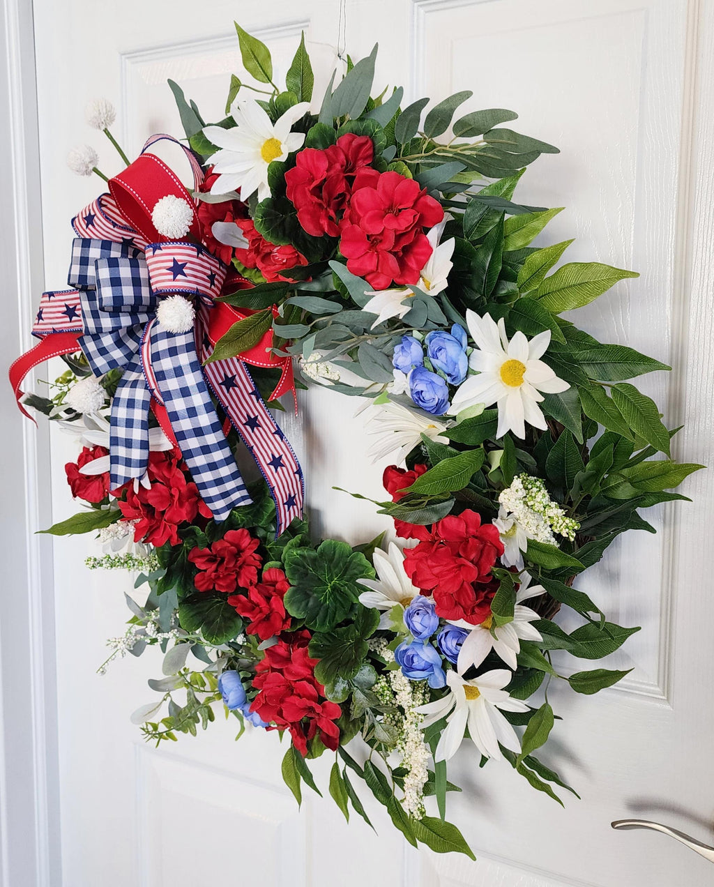 Patriotic Grapevine Wreath – Red White Blue Florals, Memorial Day July 4th Decor