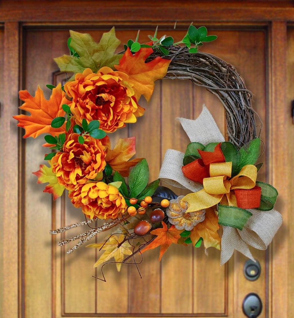 Fall Grapevine Wreath Orange Peonies Maple Leaves Bow Thanksgiving Door Decor