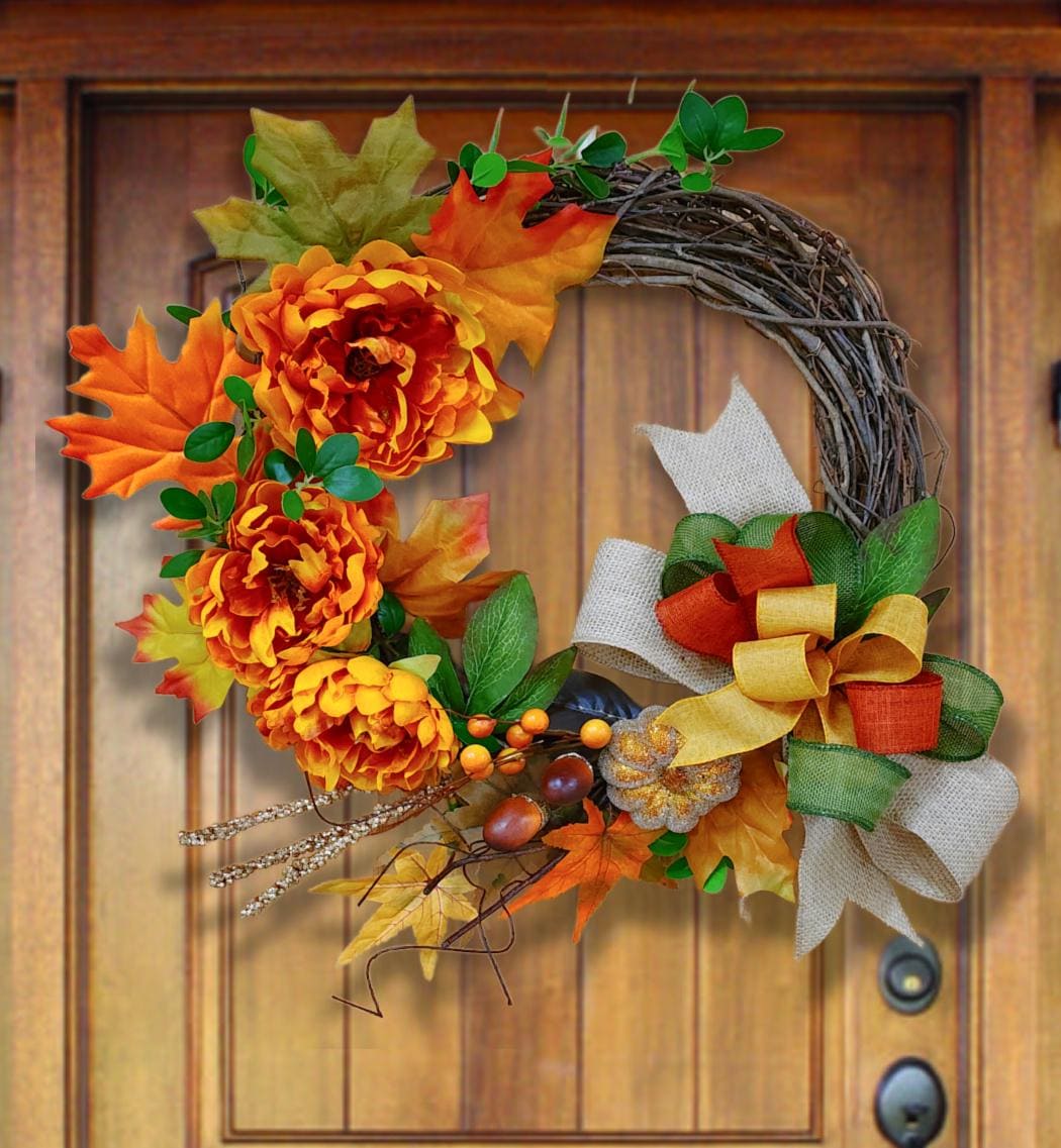 Fall Grapevine Wreath Orange Peonies Maple Leaves Bow Thanksgiving Door Decor