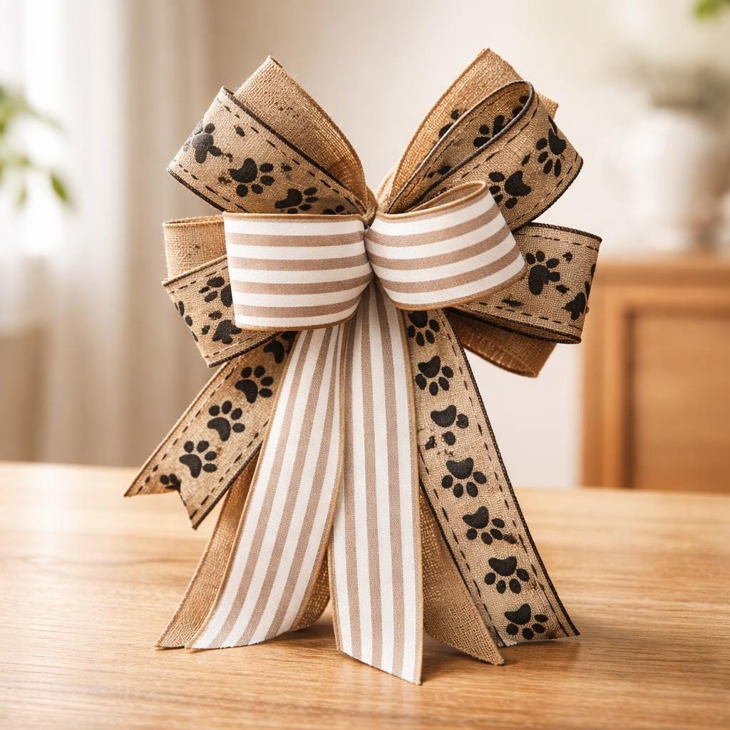 Neutral Dog Paw Print Burlap Bow, Farmhouse Wreath Accent Ribbon