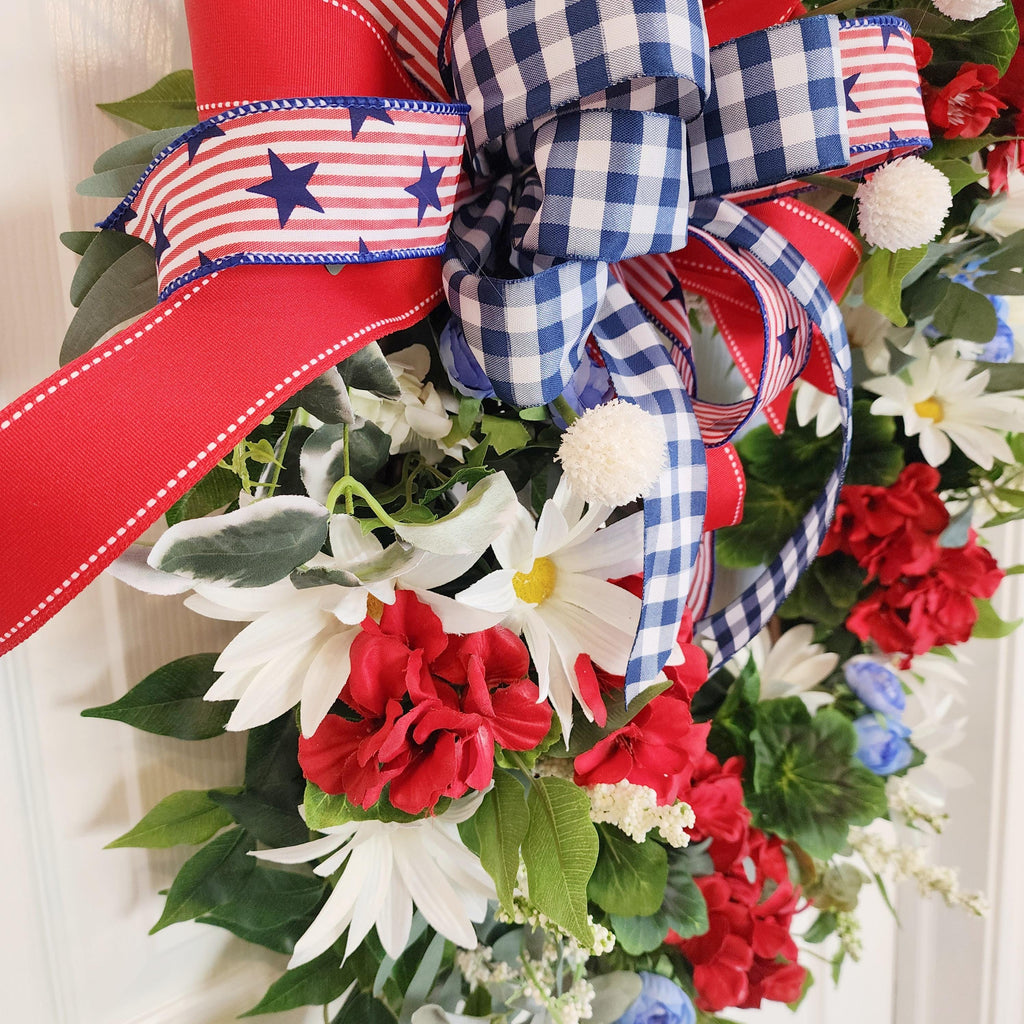 Patriotic Grapevine Wreath – Red White Blue Florals, Memorial Day July 4th Decor