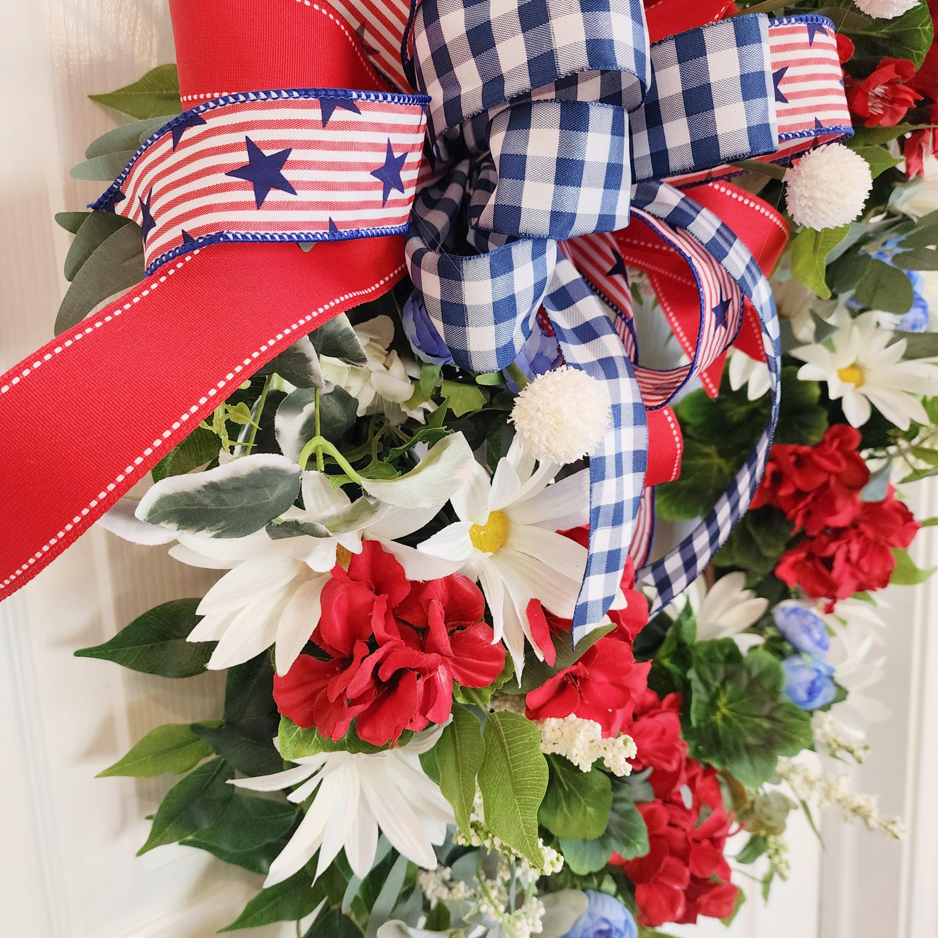 Patriotic Grapevine Wreath – Red White Blue Florals, Memorial Day July 4th Decor