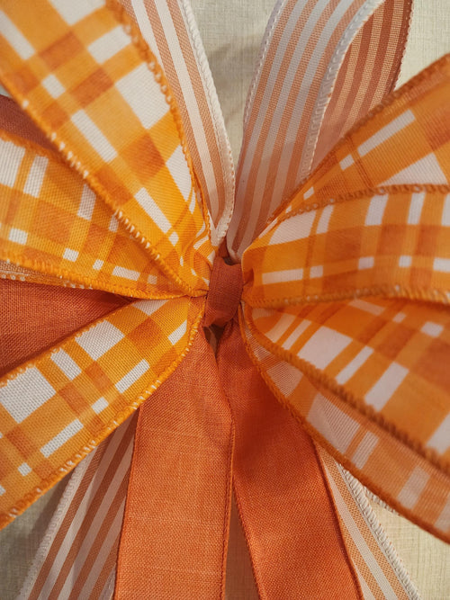 Handcrafted Orange Stripe Plaid Bow, Farmhouse Lantern Swag Accent