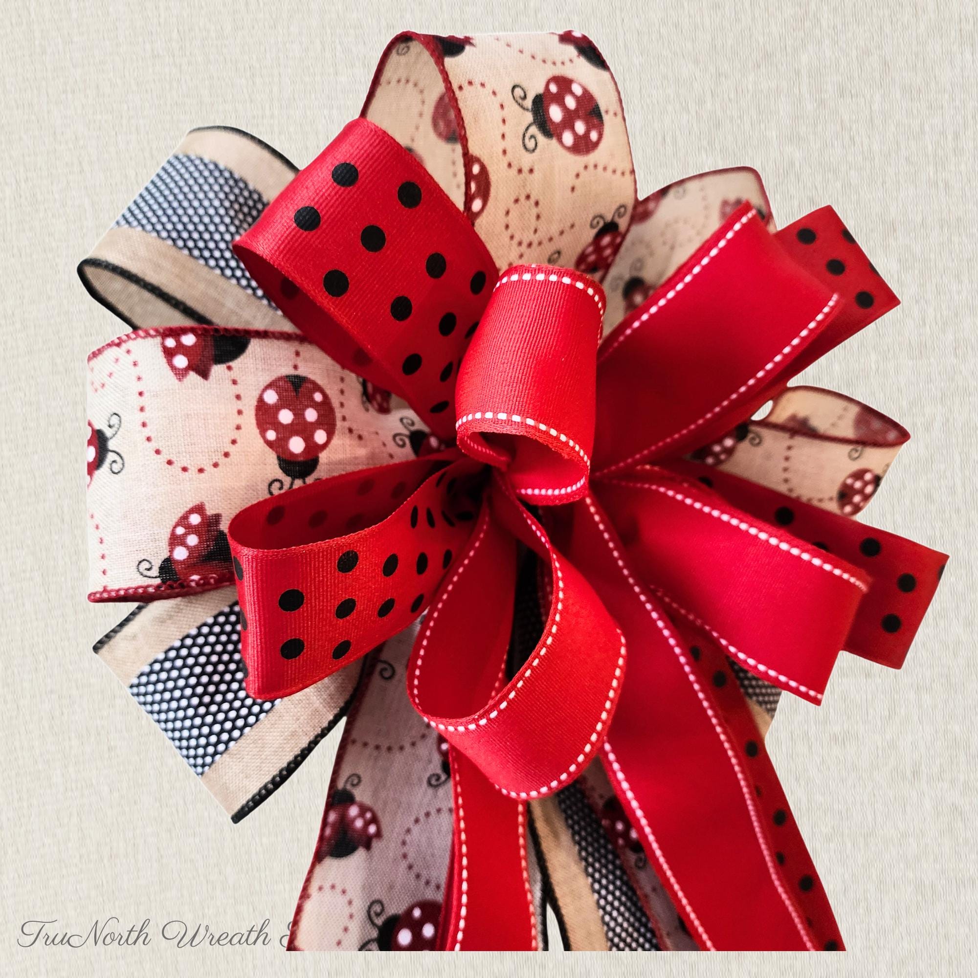Ladybug Ribbon Bow, Farmhouse Door Decor Accent, Spring Summer Lantern Swag