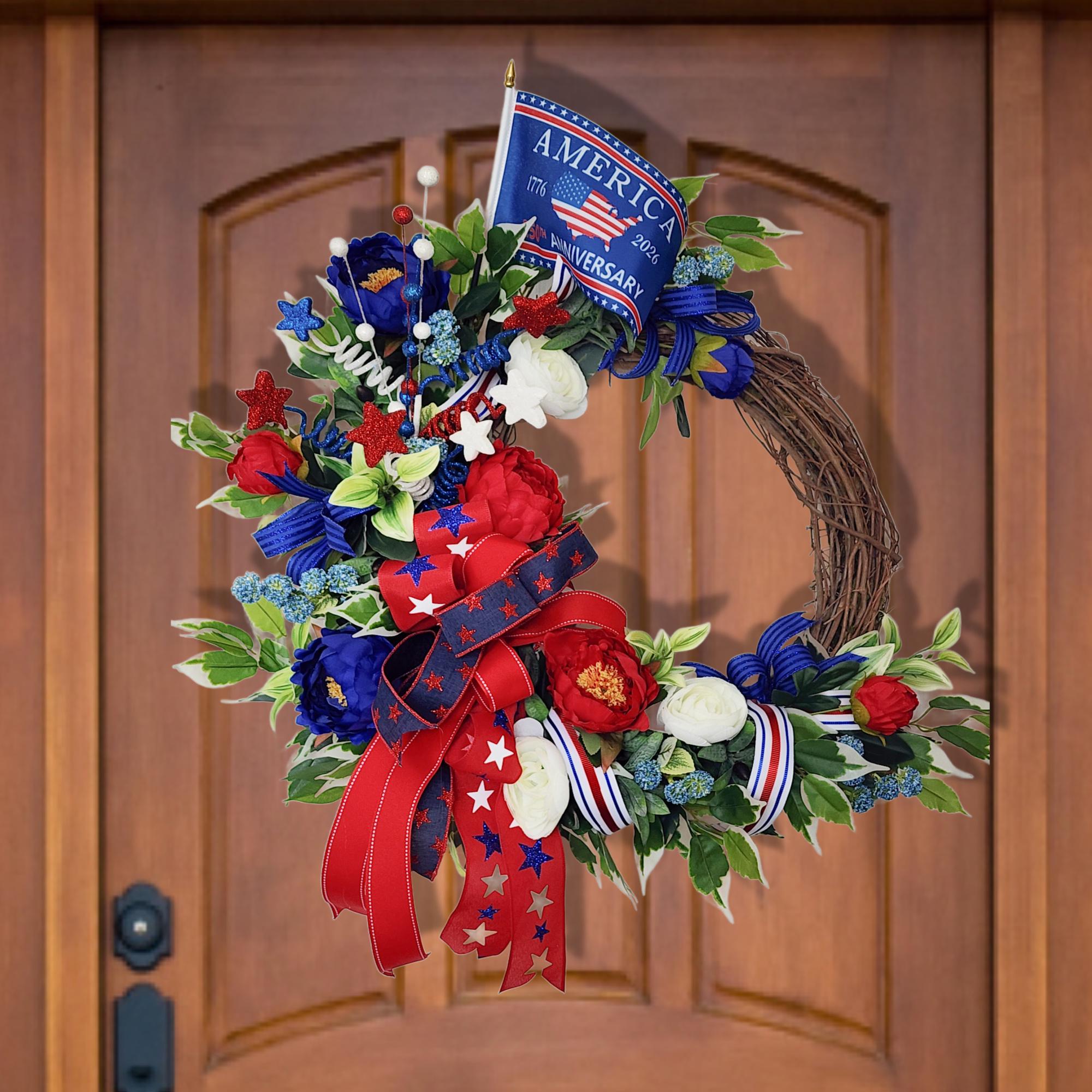 Patriotic Floral Wreath 250th Anniversary with Free Matching Mailbox Bow