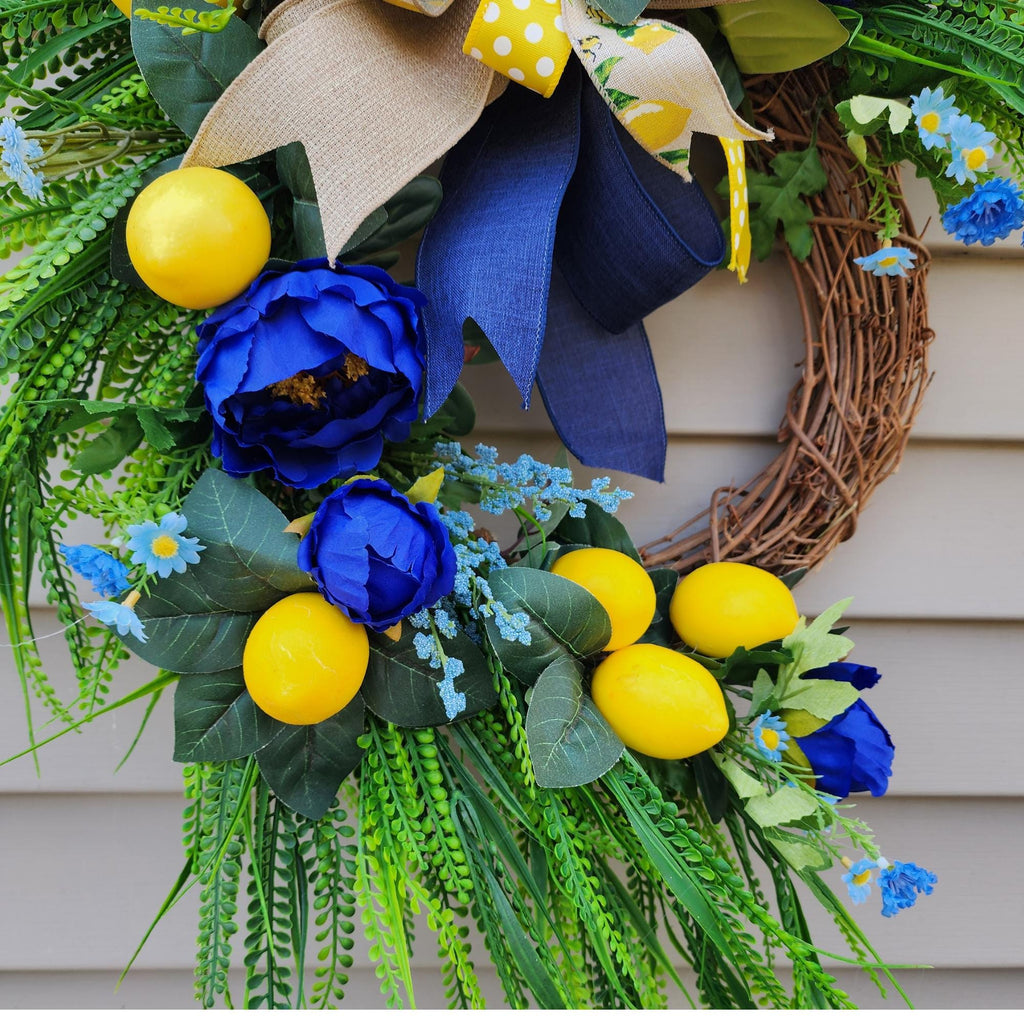 Lemons and Navy Floral Wreath, Summer Citrus Door Decor, Farmhouse Entry Swag