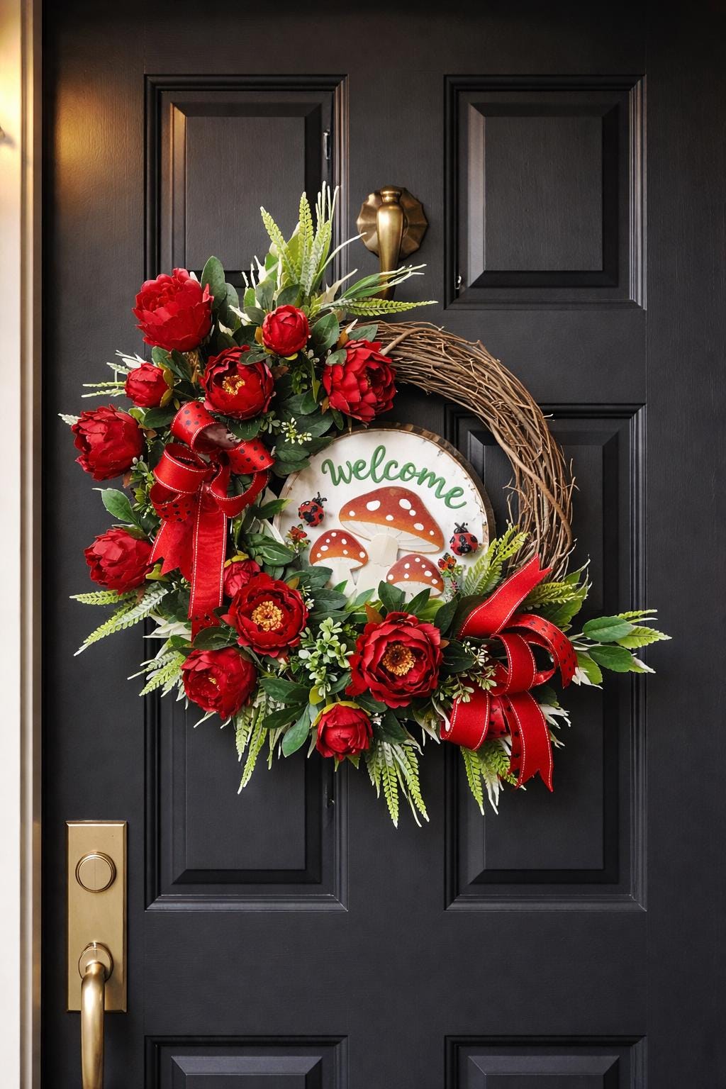 Red Peonies and Ladybugs Wreath