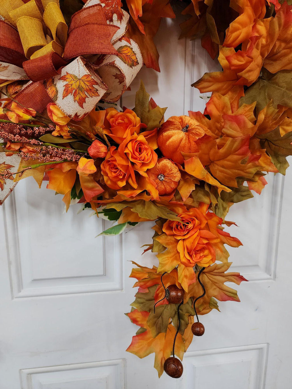 Handmade Fall Wreath Orange Maple Leaves Velvet Pumpkins Roses