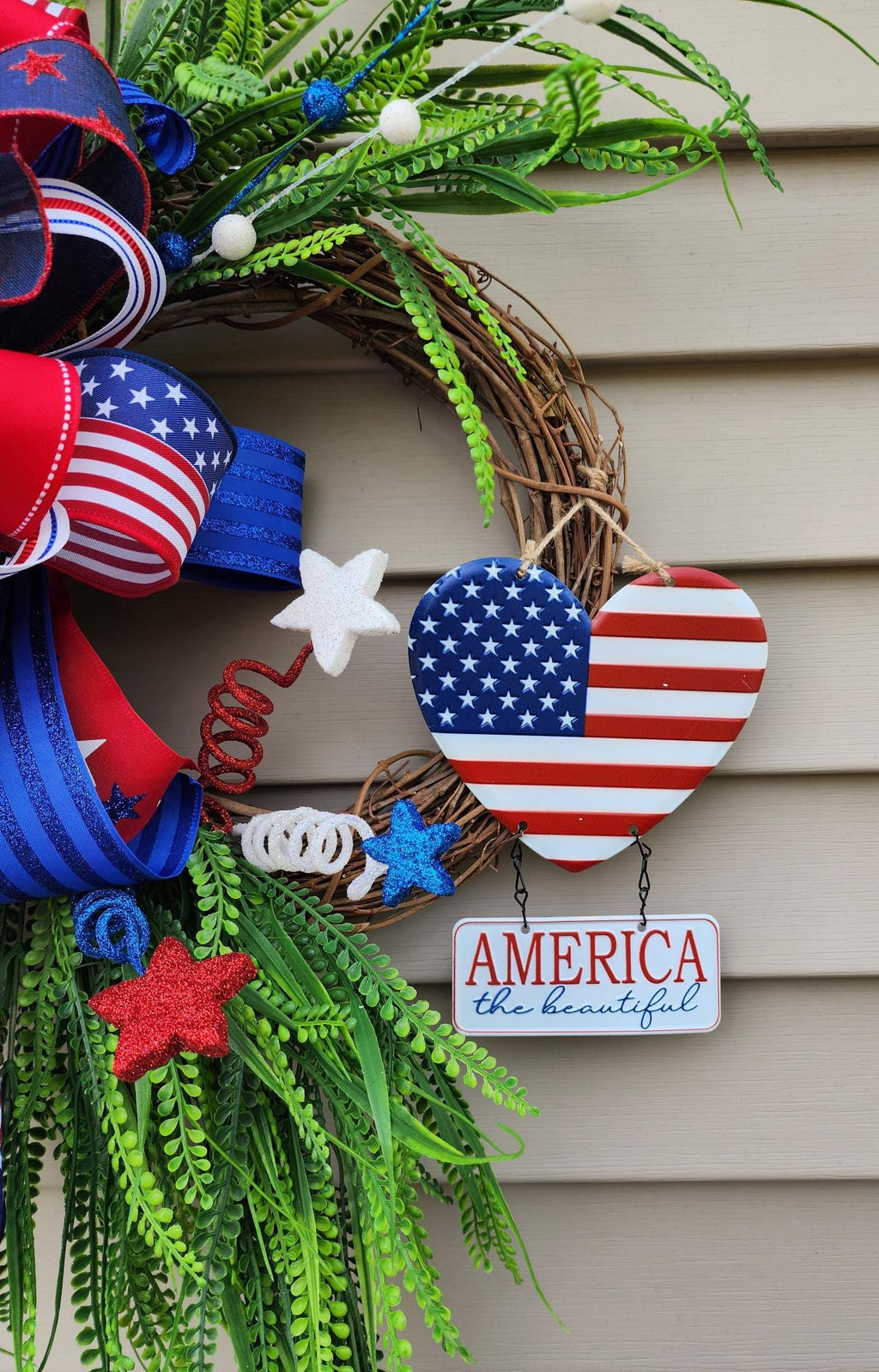 Patriotic Grapevine Wreath, Americana Door Decor with FREE Matching Mailbox Bow