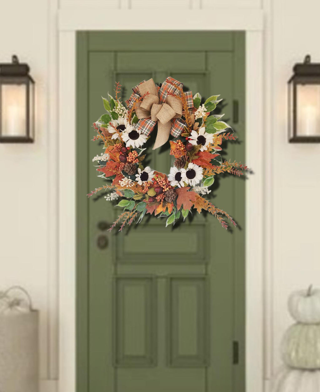 Plaid Bow Farmhouse Fall Grapevine Wreath Orange & Cream Florals Autumn Door Country Wreath