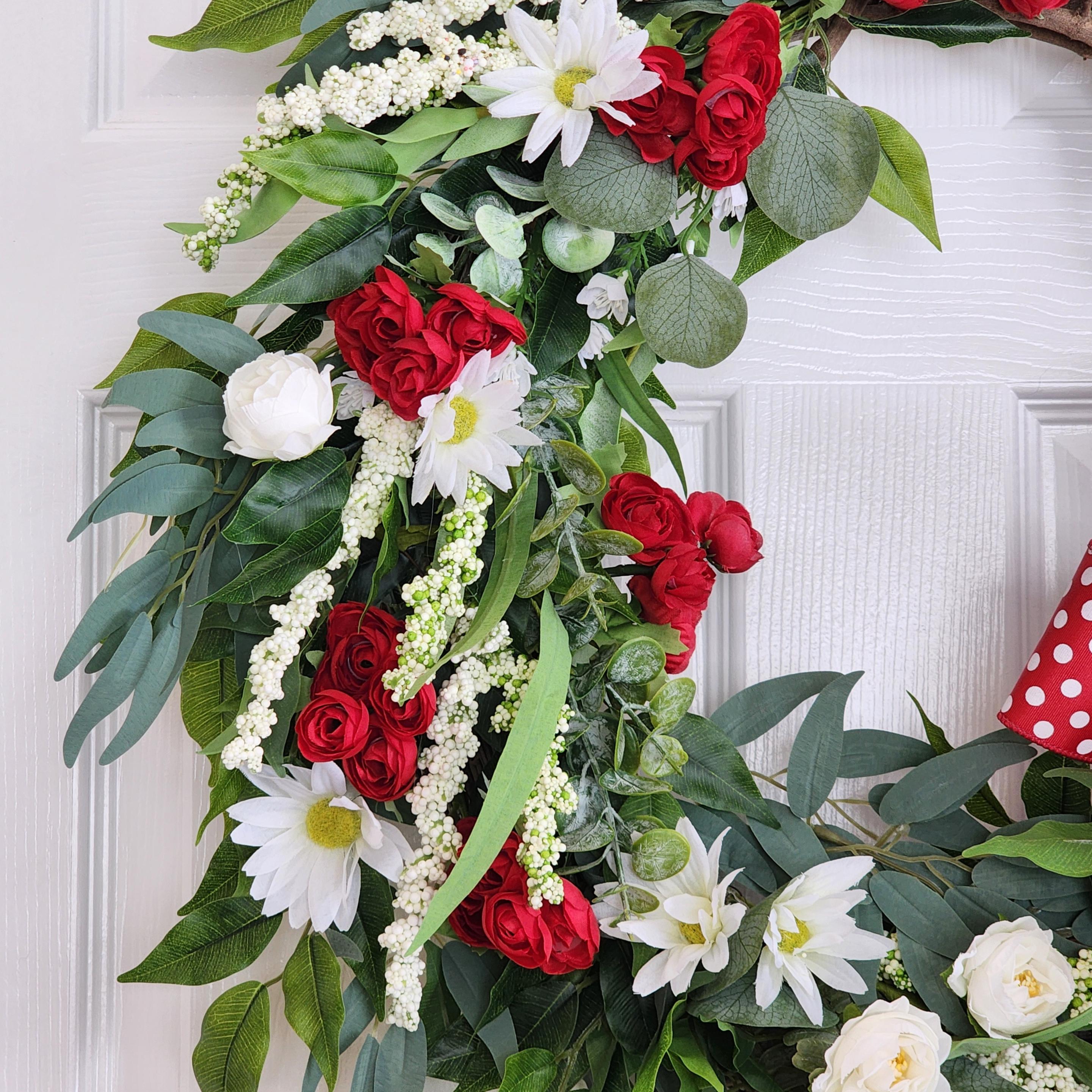Red & White Summer Wreath, Front Door Decor, Farmhouse Floral Wreath with Bold Bow