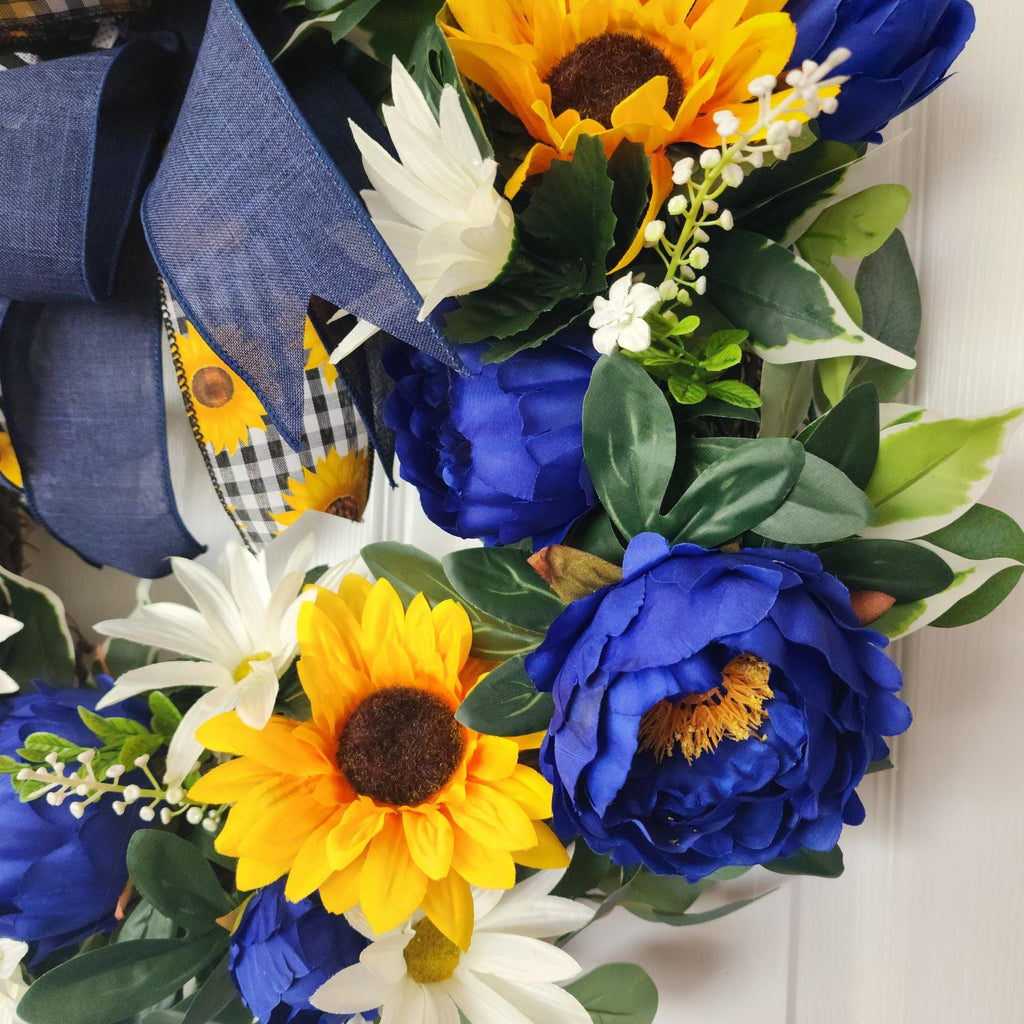 Sunflower Peony Wreath: Blue, Yellow, White Floral Door Decor (23")