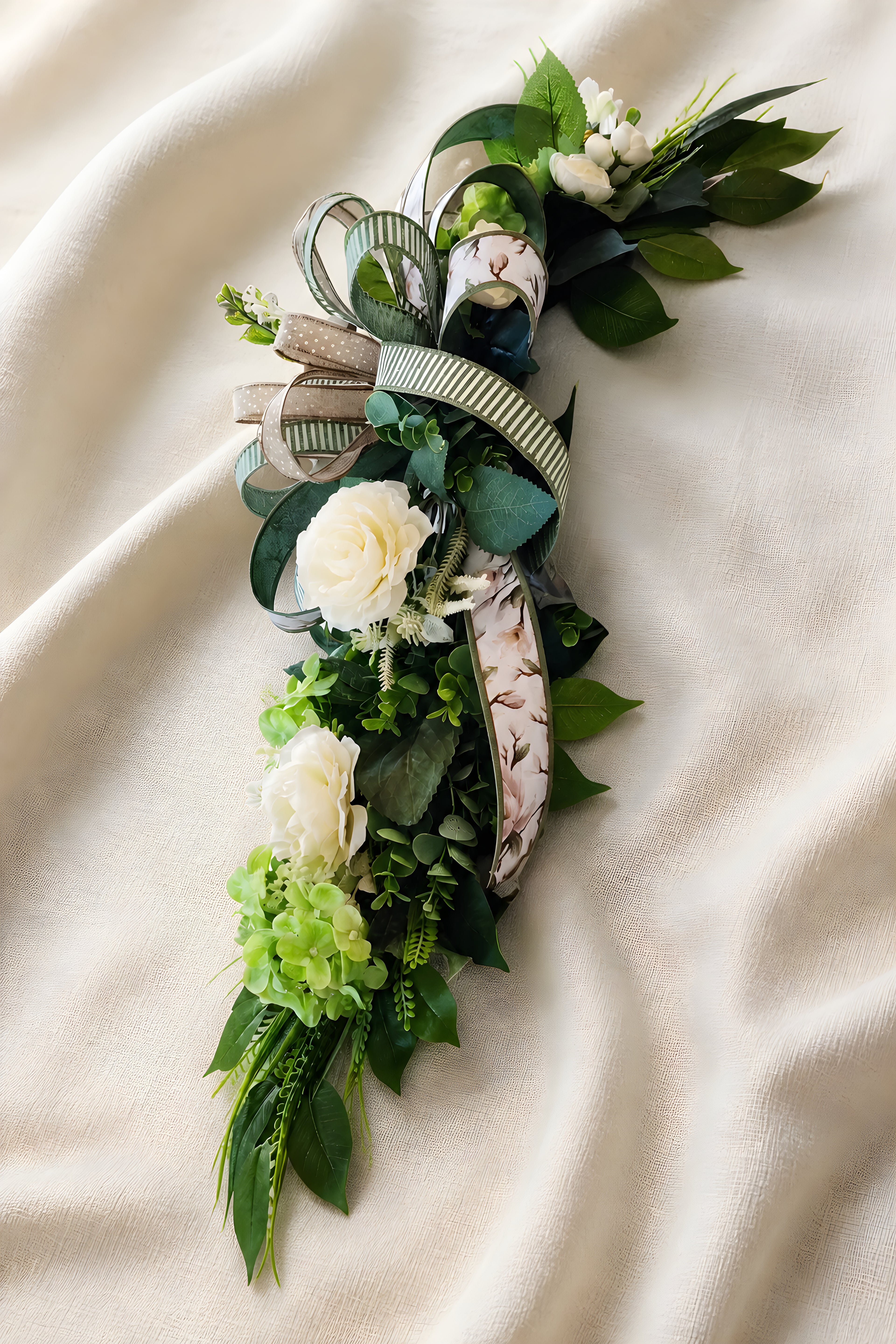Neutral Greenery Lantern Swag | Cream Floral Accent, Sage Ribbon, Farmhouse Decor