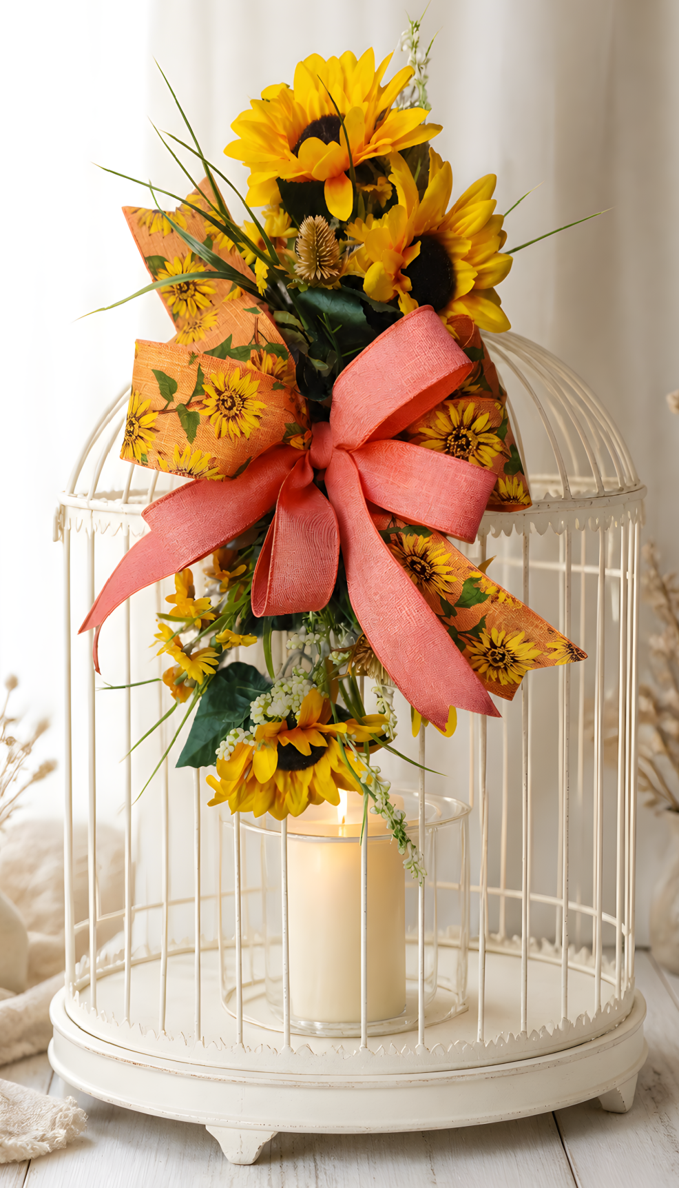 Orange Sunflower Ribbon Add On Bow, Farmhouse Door Decor Accent, Spring Summer Enhancer Bow