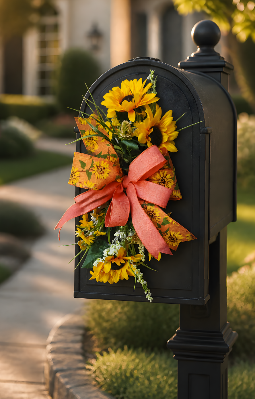 Orange Sunflower Ribbon Add On Bow, Farmhouse Door Decor Accent, Spring Summer Enhancer Bow