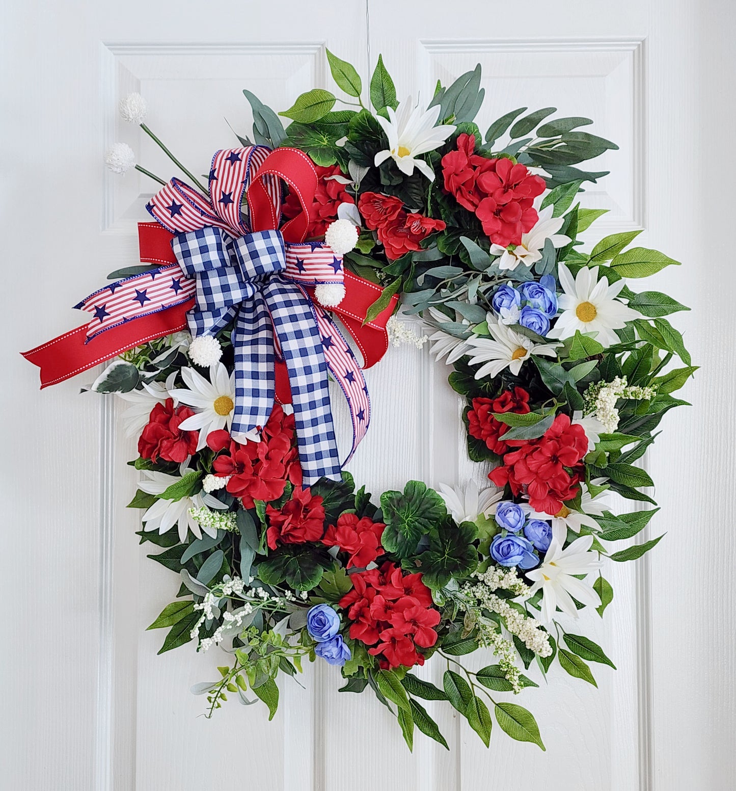 Patriotic Grapevine Wreath – Red White Blue Florals, Memorial Day July 4th Decor