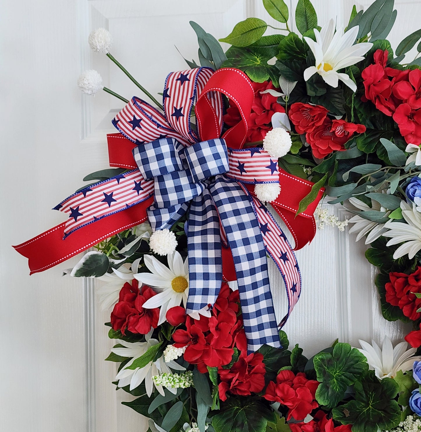 Patriotic Grapevine Wreath – Red White Blue Florals, Memorial Day July 4th Decor