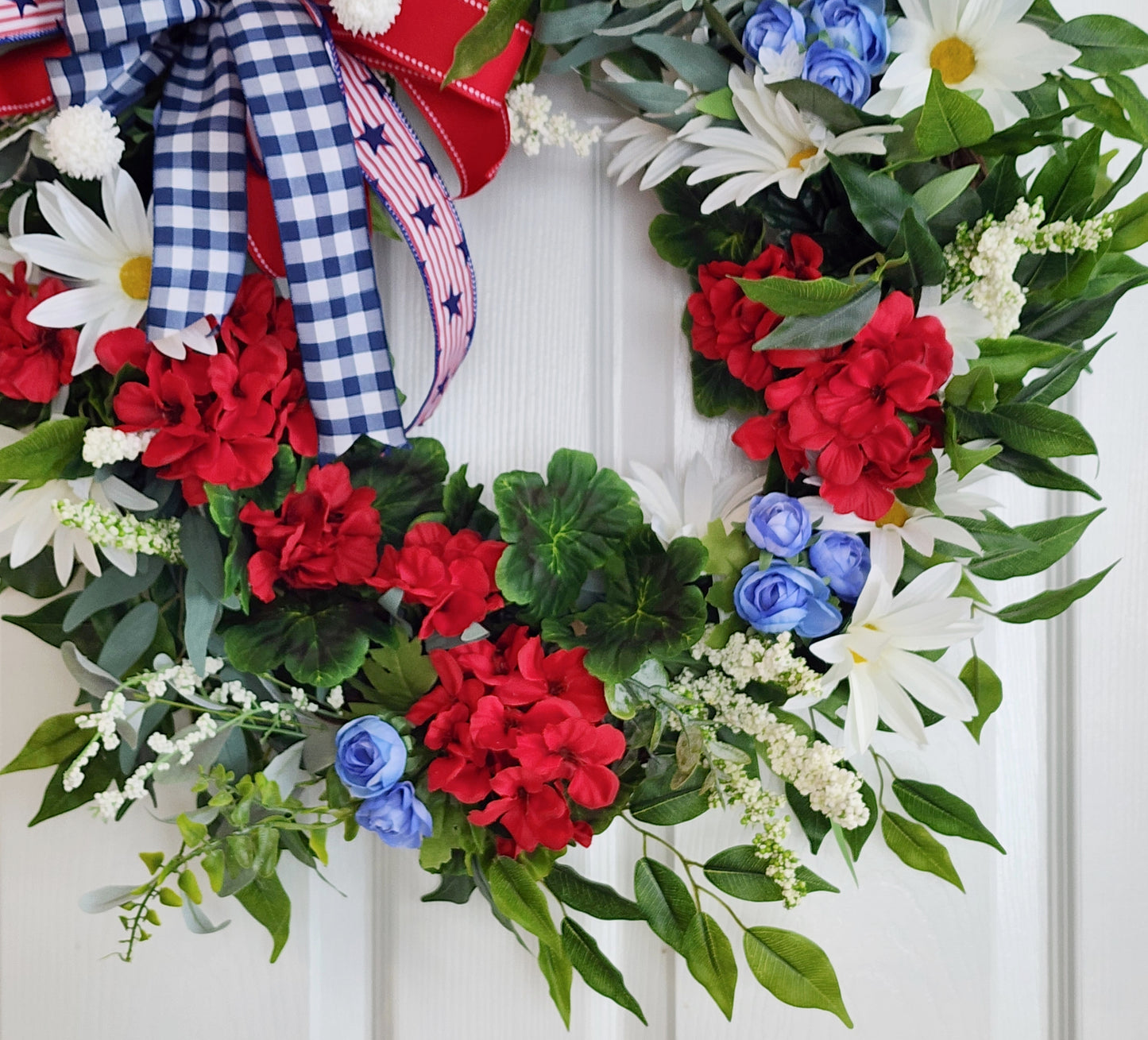 Patriotic Grapevine Wreath – Red White Blue Florals, Memorial Day July 4th Decor