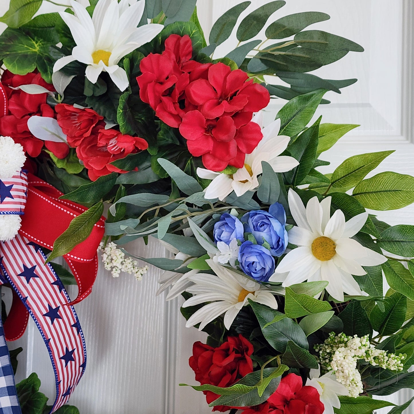 Patriotic Grapevine Wreath – Red White Blue Florals, Memorial Day July 4th Decor