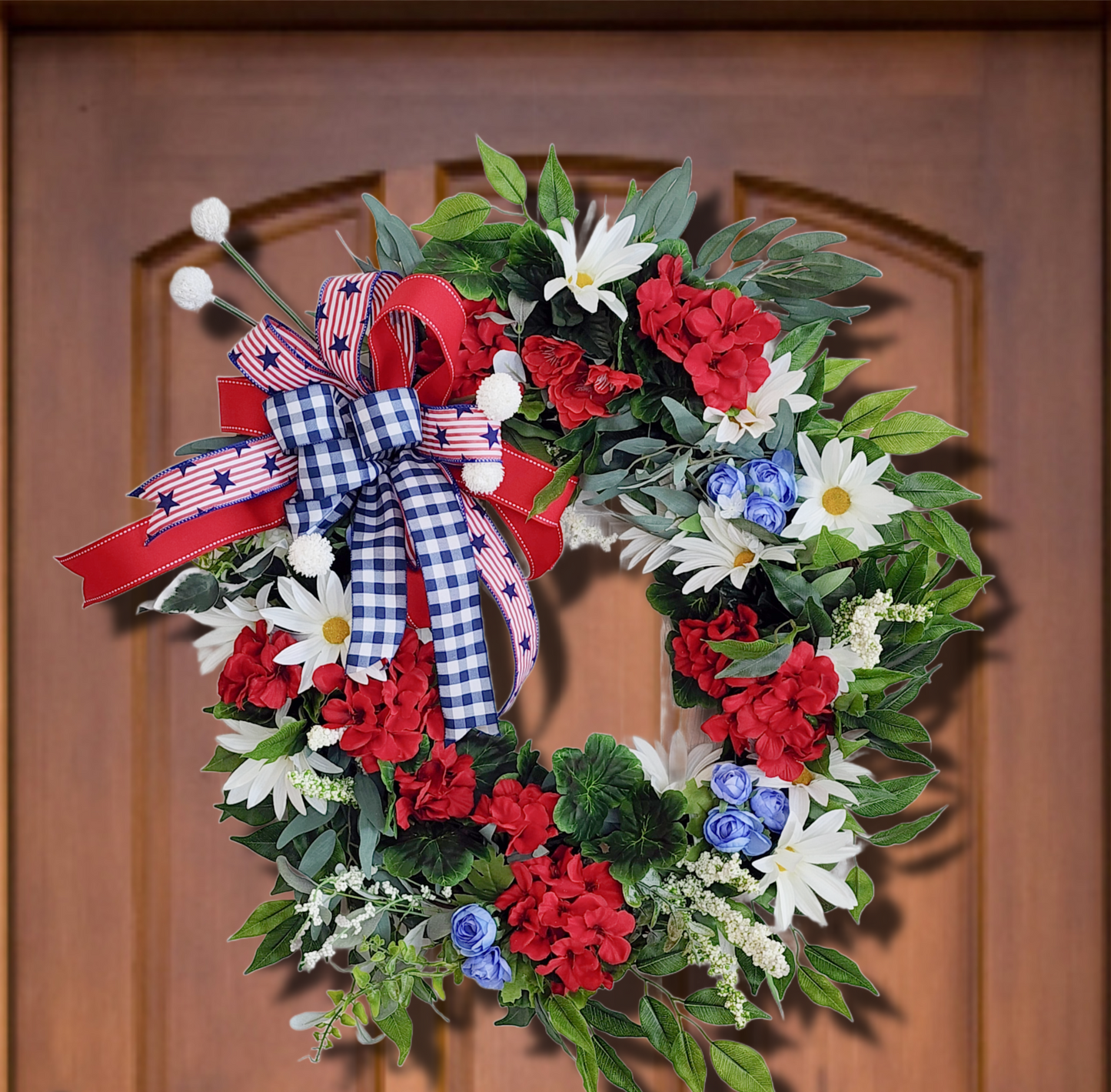 Patriotic Grapevine Wreath – Red White Blue Florals, Memorial Day July 4th Decor