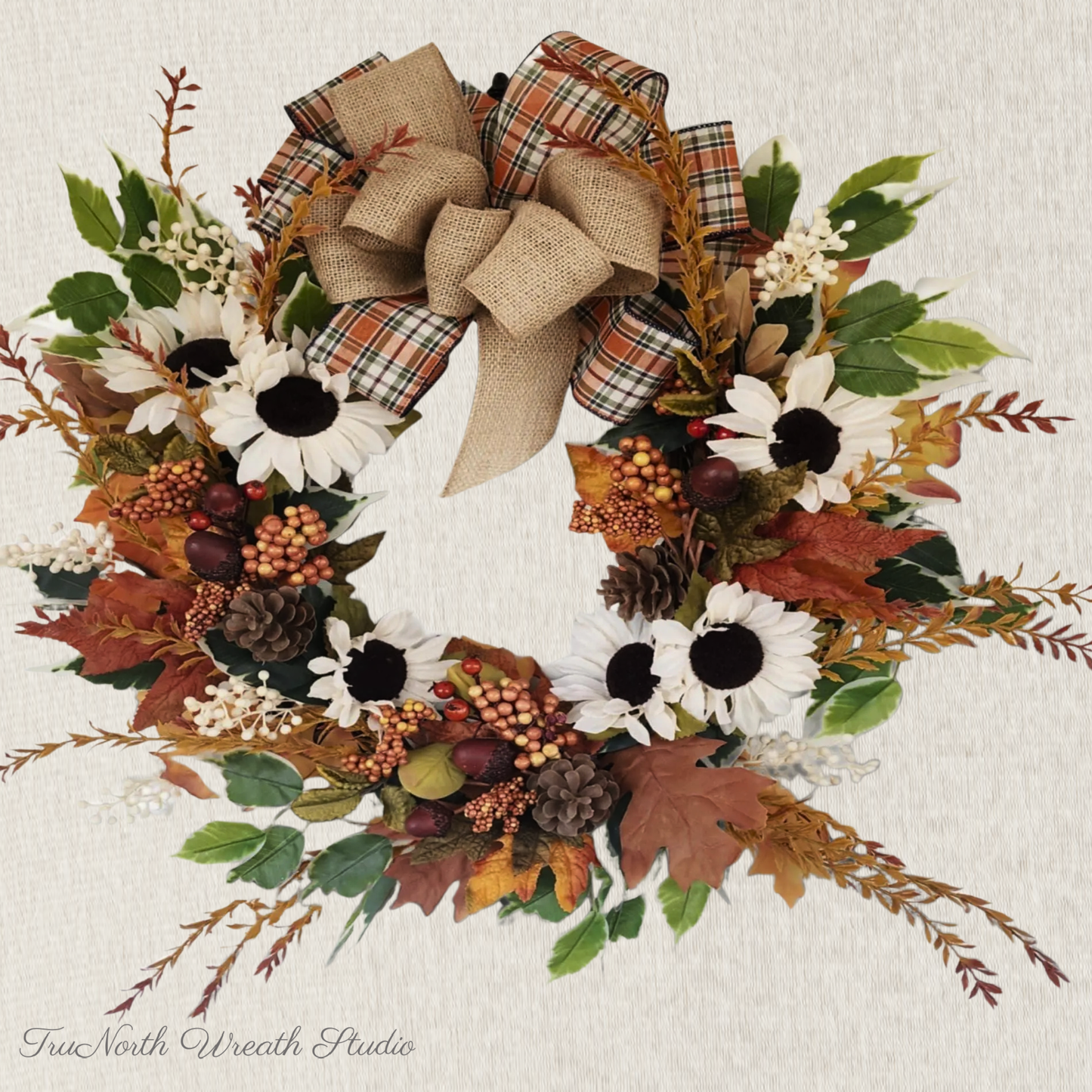 Plaid Bow Farmhouse Fall Grapevine Wreath Orange & Cream Florals Autumn Door Country Wreath