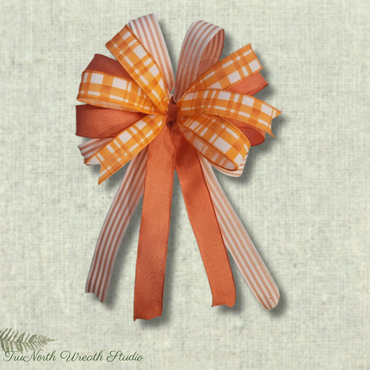 Handcrafted Orange Stripe Plaid Bow, Farmhouse Lantern Swag Accent