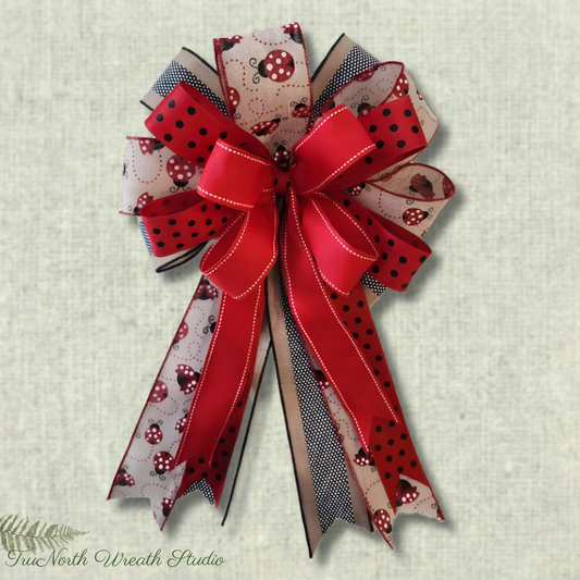 Ladybug Ribbon Bow, Farmhouse Door Decor Accent, Spring Summer Lantern Swag