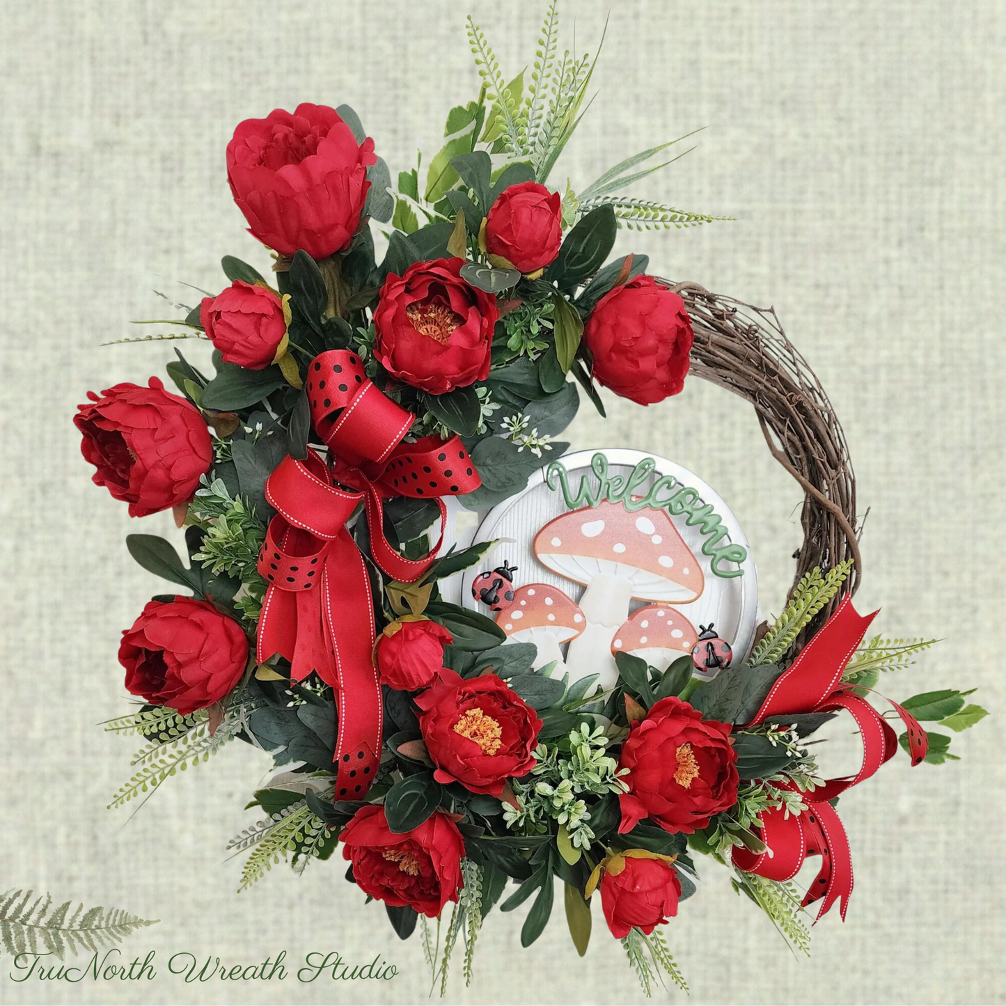 Red Peony Ladybug Grapevine Wreath, Spring Farmhouse Front Door Decor