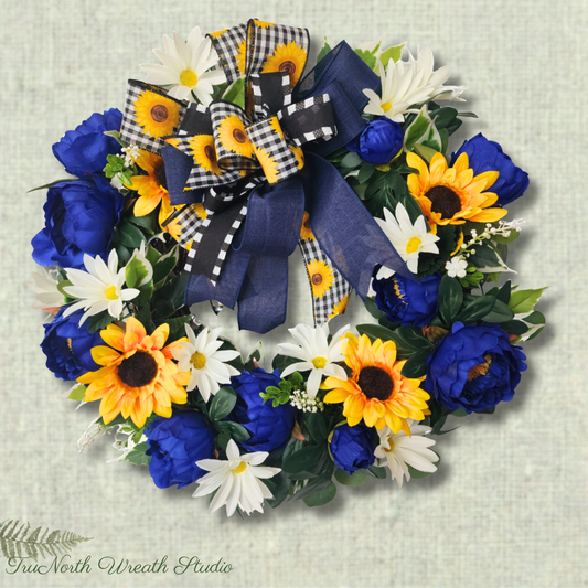 Sunflower Peony Wreath: Blue, Yellow, White Floral Door Decor (23")