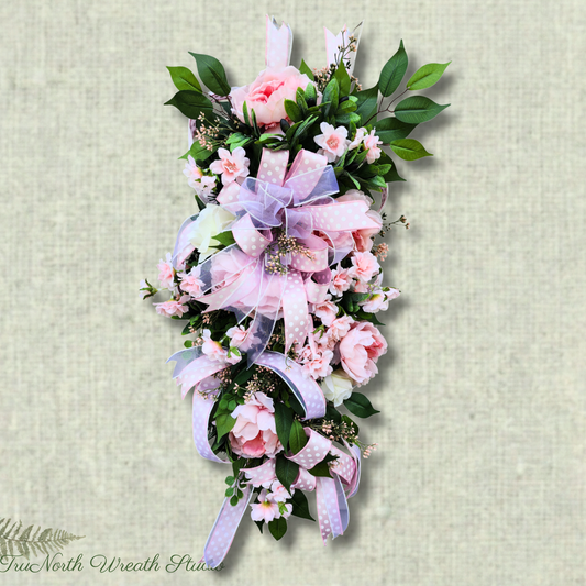 Pink Floral Door Swag, Spring Teardrop Wreath, Pink Rose Door Hanger, Romantic Floral Swag, Front Door Decor