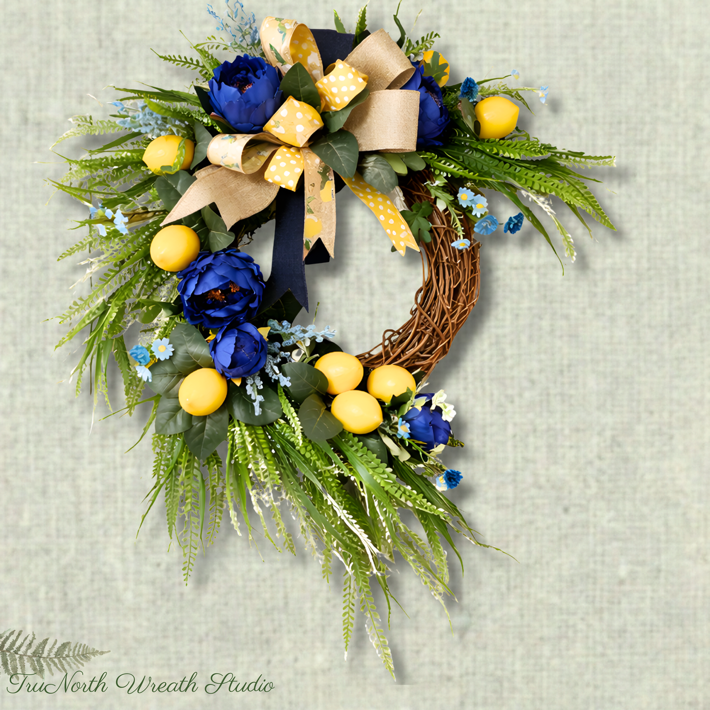 Lemons and Navy Floral Wreath, Summer Citrus Door Decor, Farmhouse Entry Swag