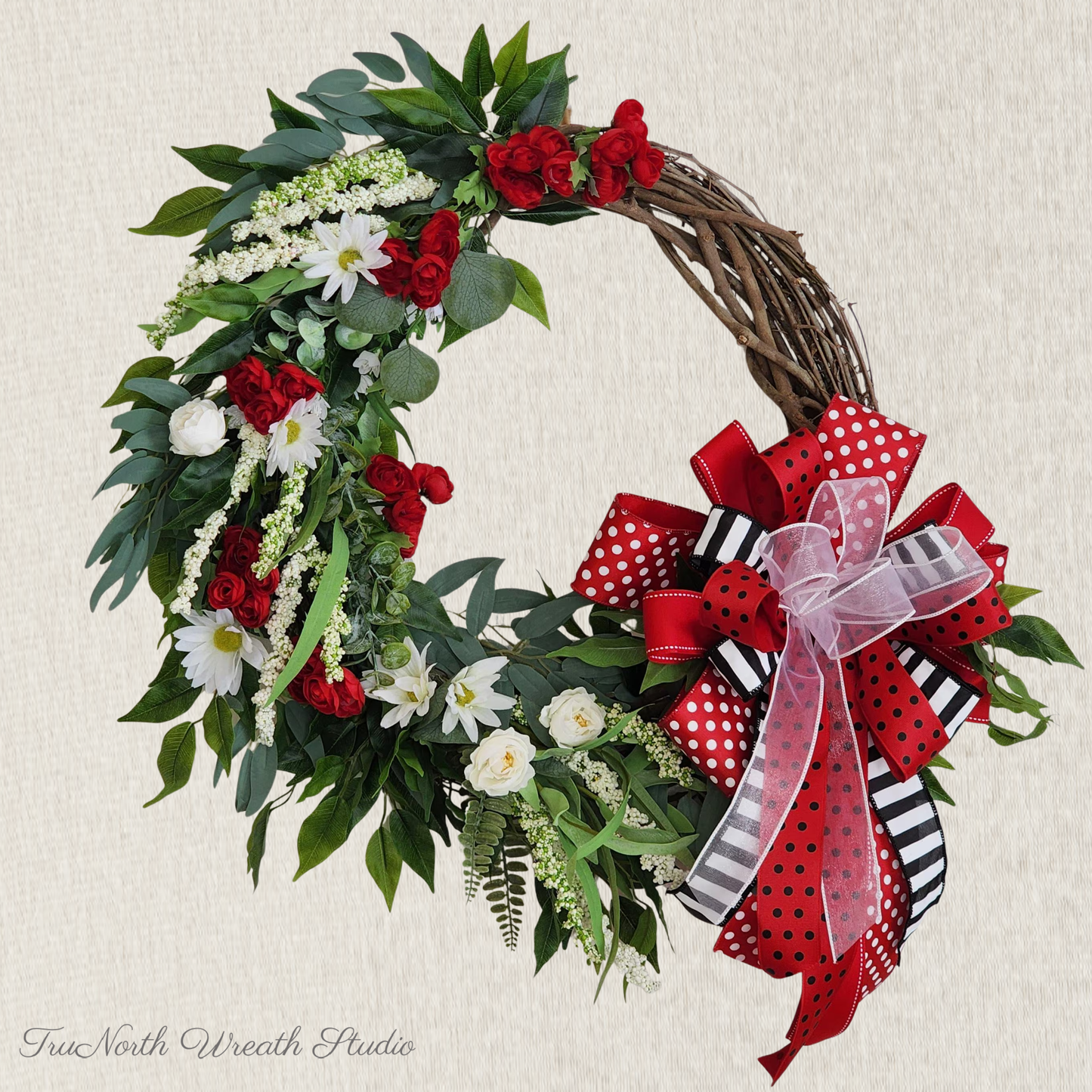 Red & White Summer Wreath, Front Door Decor, Farmhouse Floral Wreath with Bold Bow