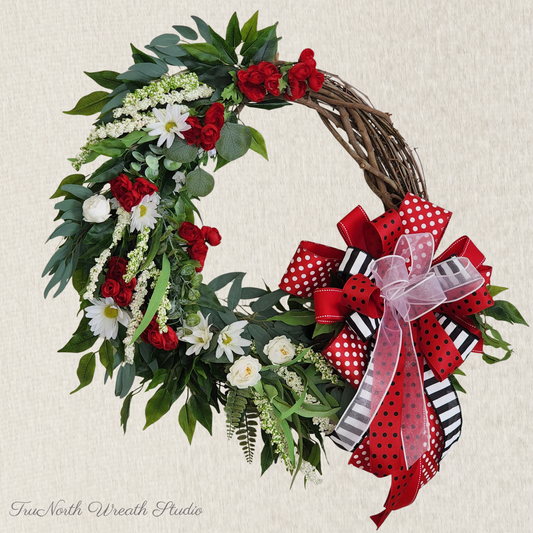 Red & White Summer Wreath, Front Door Decor, Farmhouse Floral Wreath with Bold Bow